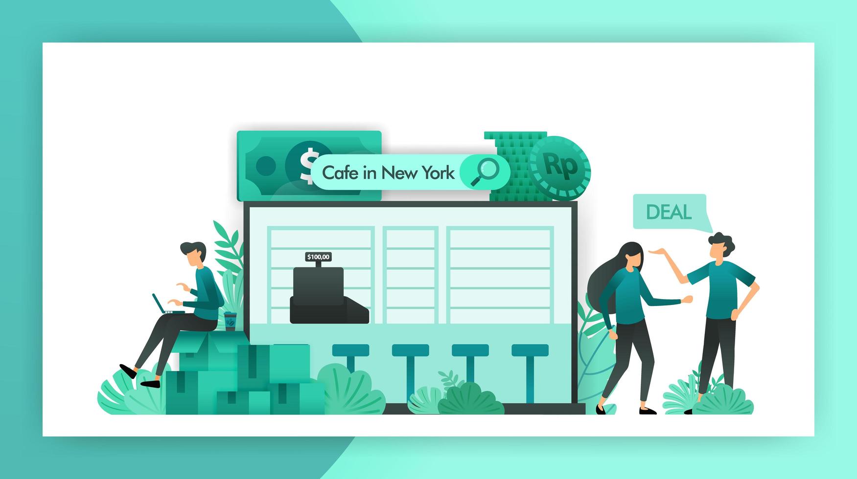 Business para la venta. buscando pymes que quieran vender. café que se negocia para ser comprado por inversores con estrategia de cooperación. concepto de ilustración vectorial para la página de destino móvil web vector