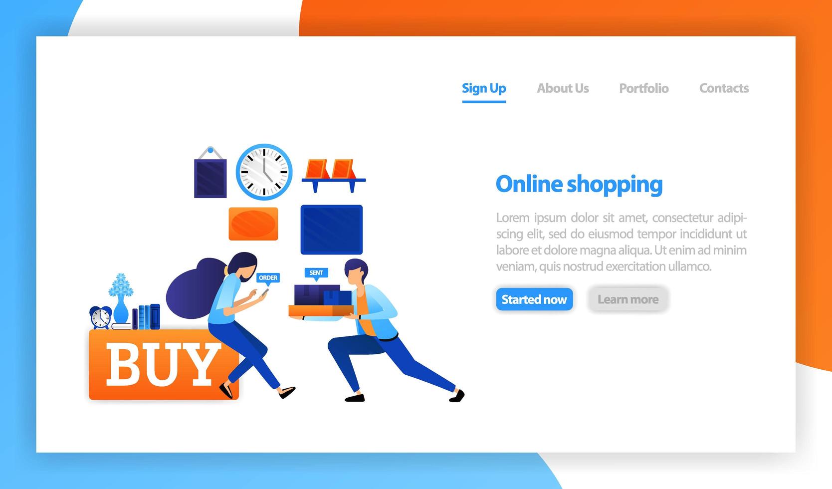 vector flat illustration for web, banner, landing page, mobile, UI. online shopping concept ,online store business concept, buying and selling at home, fast delivery of goods and gifts through online