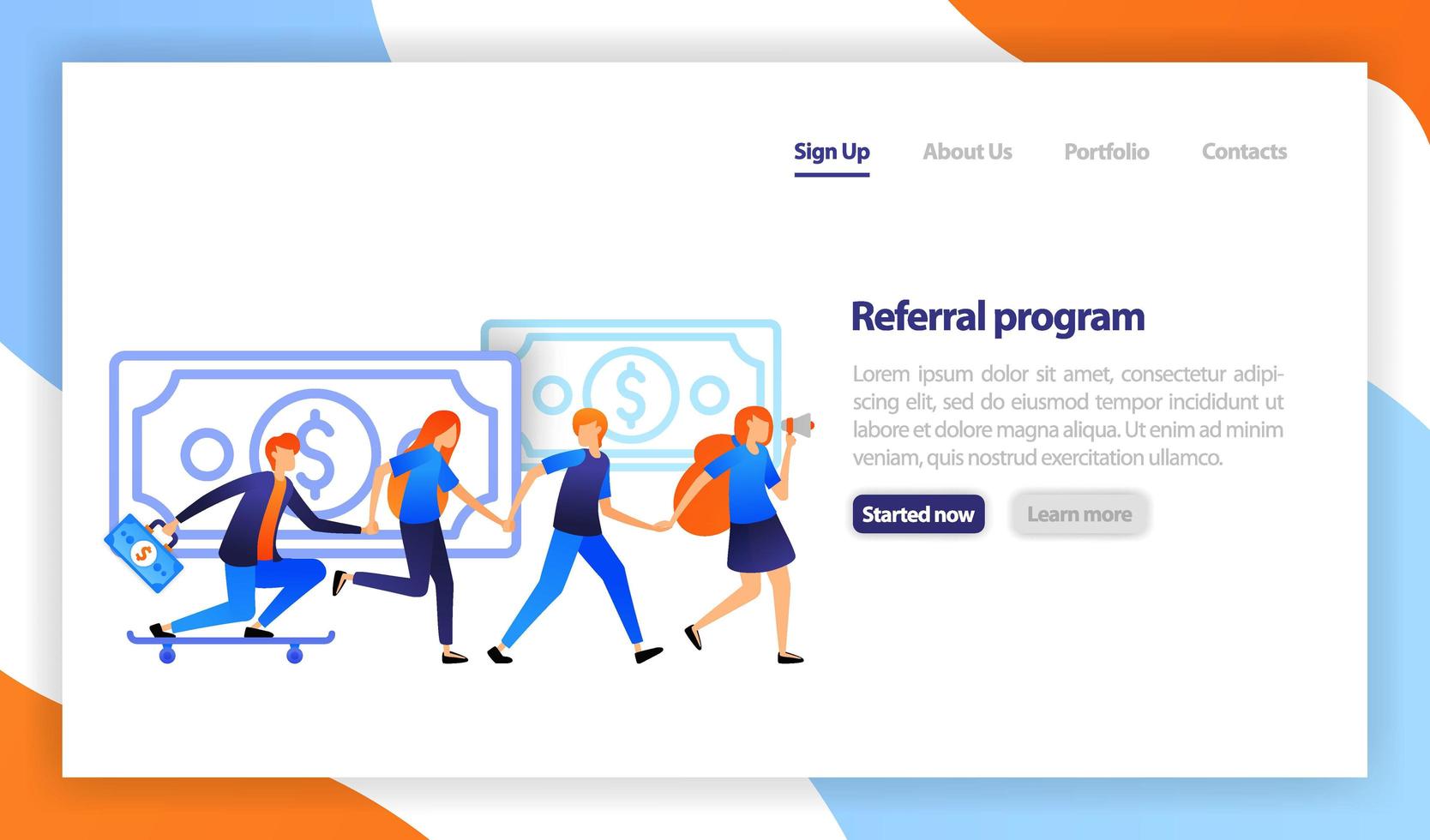 People join in and refer a friend to get money. business promotion, advertising, call through the horn.  Referral business marketing. flat vector illustration for web, banner, landing page, mobile