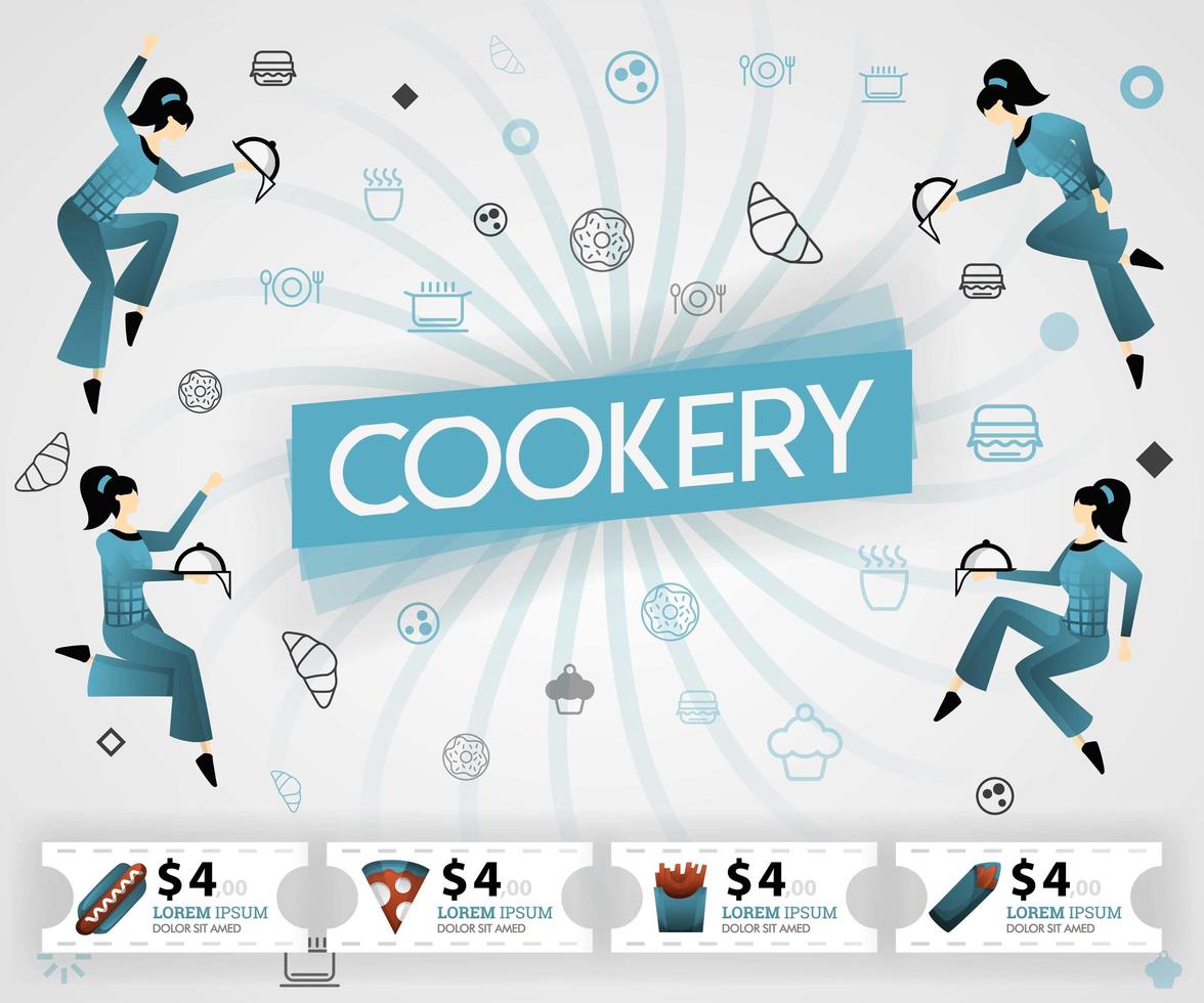 blue vector illustration concept. Cookery food recipes cover book.  healthy cooking recipe and delicious food cover can be for, magazine, cover, banner, cookbook, book, mobile. flat cartoon style