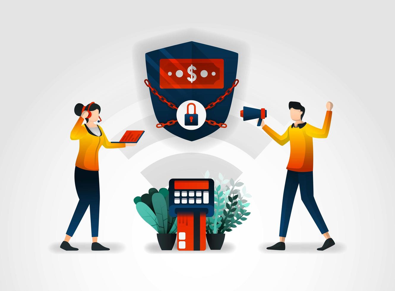 flat character. Banking guarantees the security of customer financial data. financial sector also works with consultants to audit security alarm systems that purchased from security guard agencies vector