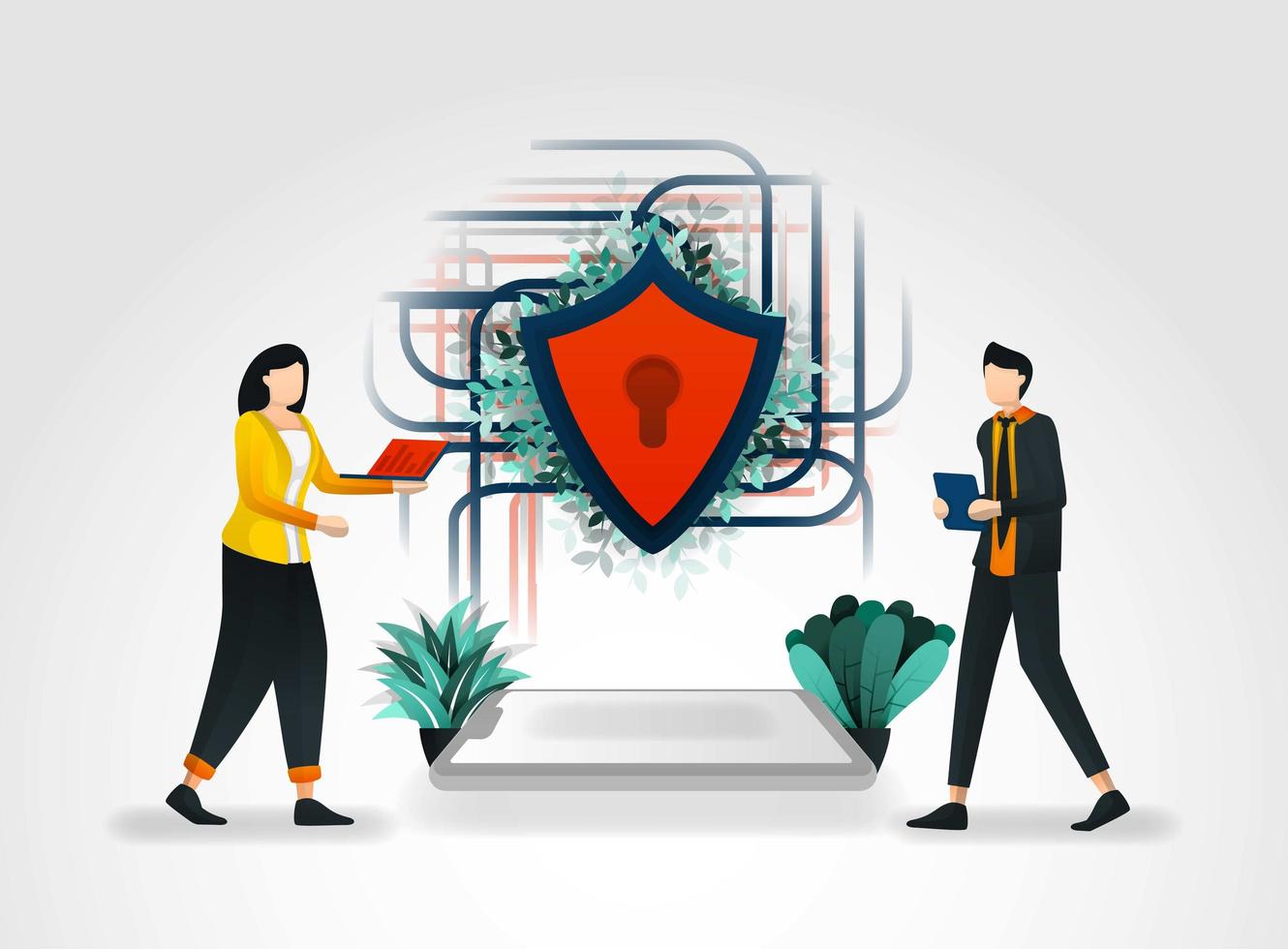 Vector illustration concept. People accessing data on internet and shields secure network connection. electronic security helps smooth construction of security, guard security, security industry