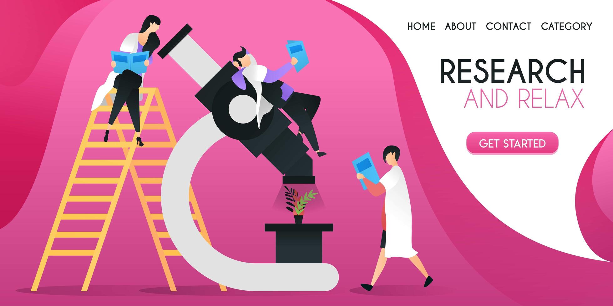 group of scientists who are researching plants on a large microscope vector illustration concept, can be use for presentation, web, banner ui ux, landing page