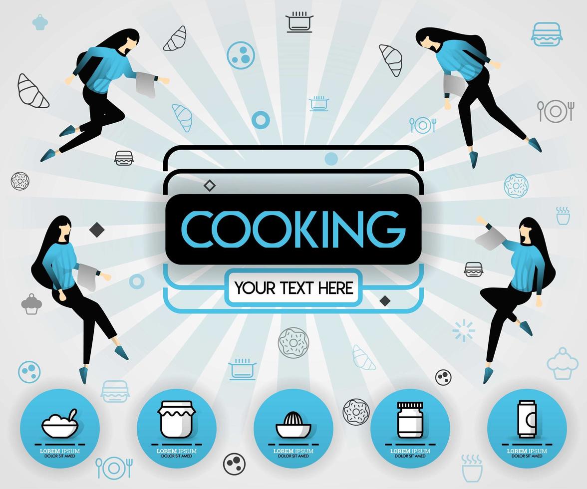 blue vector illustration concept. Cooking book and food cover book.  healthy cooking recipe and delicious food cover can be for, magazine, cover, banner, cookbook, book, mobile UI. flat cartoon style