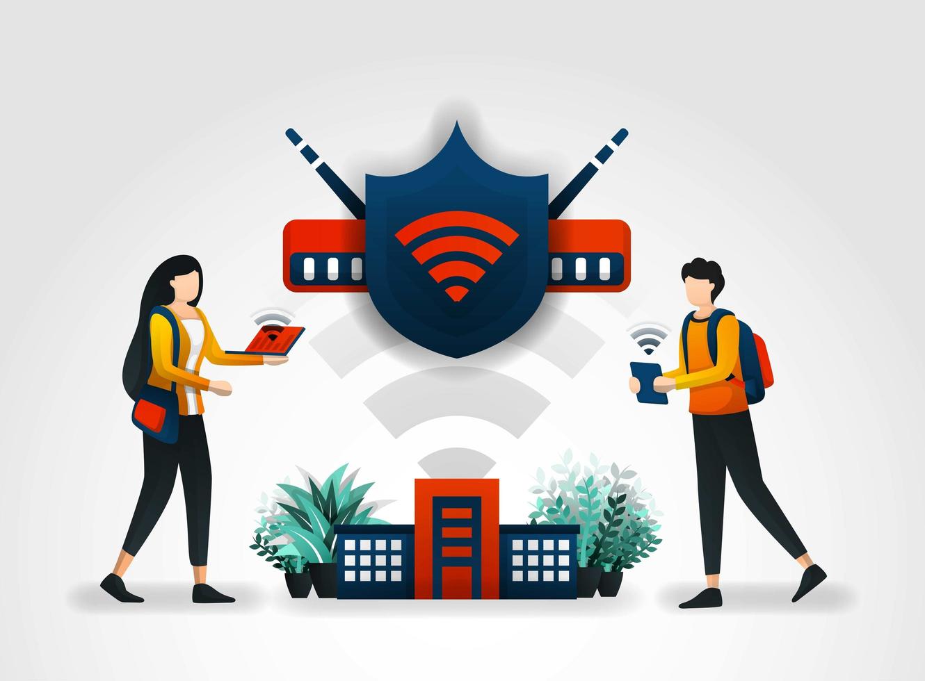 concepto de ilustración vectorial. los estudiantes acceden a Internet de forma segura mediante una red wifi y un escudo. Verificación de seguridad de la red asegurando wifi con la ayuda de la empresa de servicios de seguridad y empresas de seguridad. vector