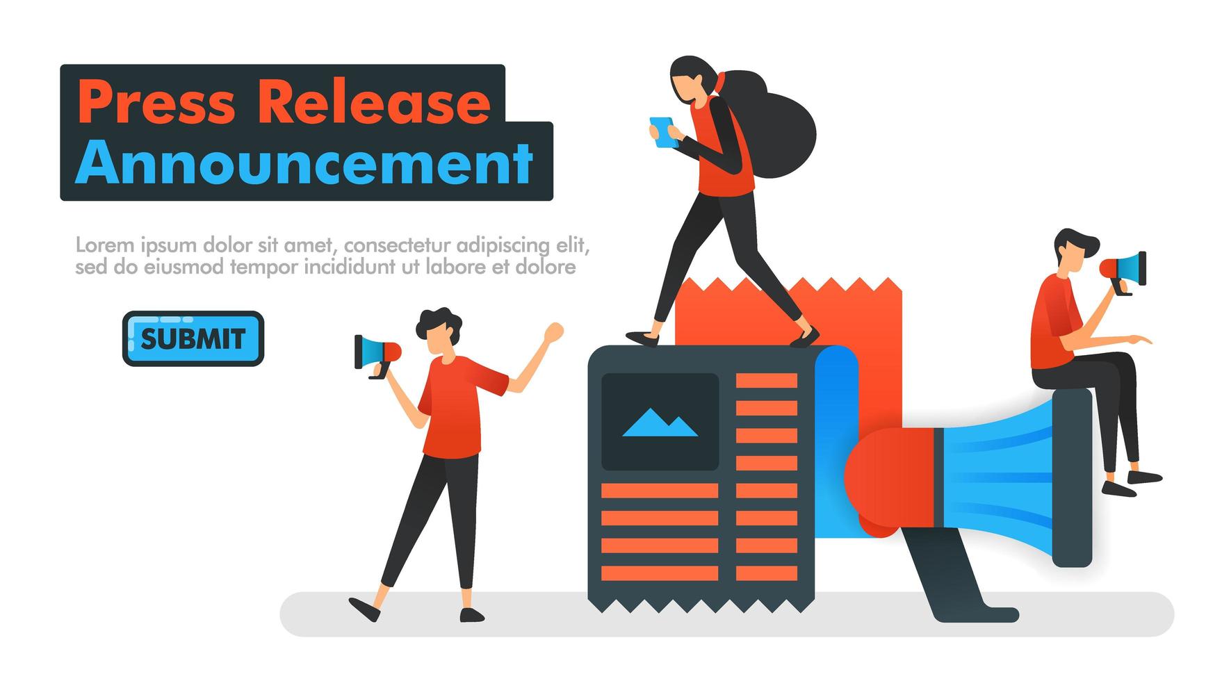 Press Release Announcement vector illustration. People who are announcing new news and influencing friends to read. concept of referral program. Can be used for Landing pages Website Mobile App UI UX