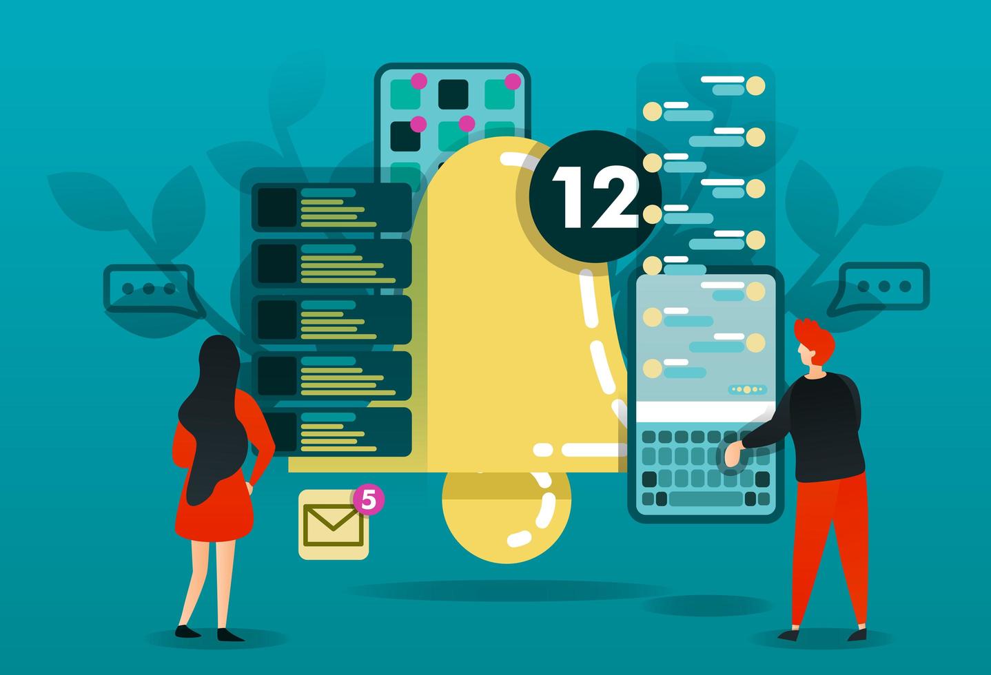 flat cartoon character. vector illustration for technology, warnings, notifications, alert, schedule, message. people who reading chart and notice. big bell with smartphone app. new chat interface