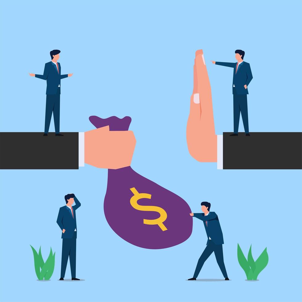 Man refuse bribe while his employee receive it metaphor of bribe and corruption. Business flat vector concept illustration.