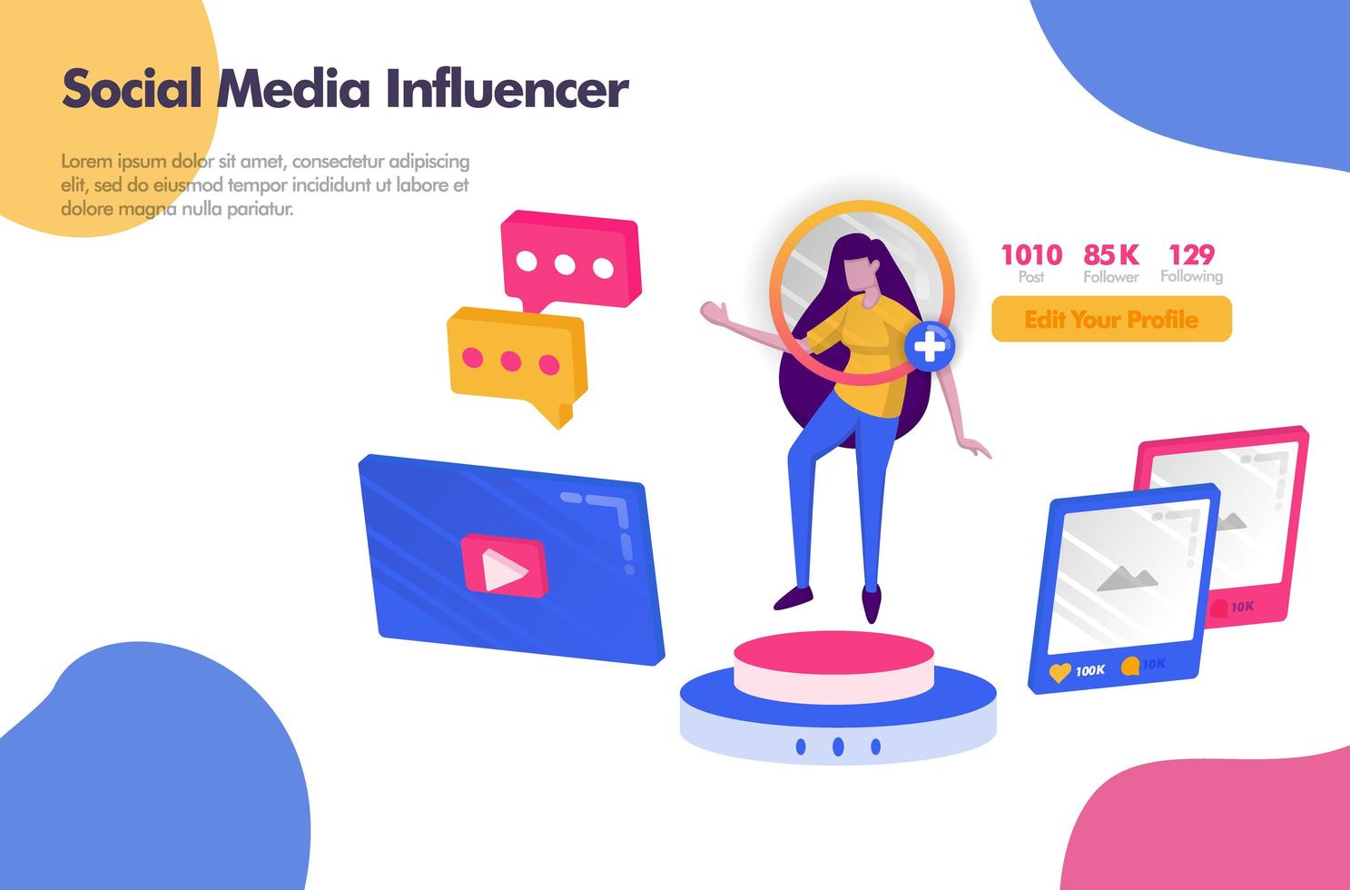 Working as Social Media Influencer Illustration Concept. Modern flat design concept for Landing page website, mobile apps ui ux, banner poster, flyer brochure, web print document ads. Vector EPS 10