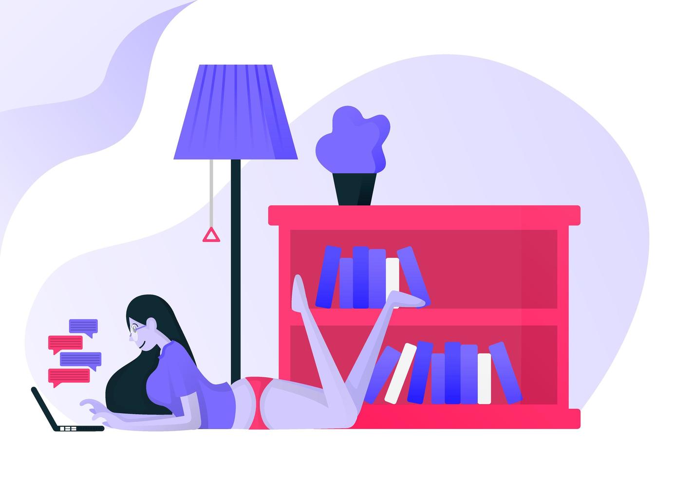 girl is lying flat on floor house and replying to a message from laptop. women relax beside bookshelves and lamp wearing bottoms or casual clothes. Flat vector illustration for Landing page, ui ux