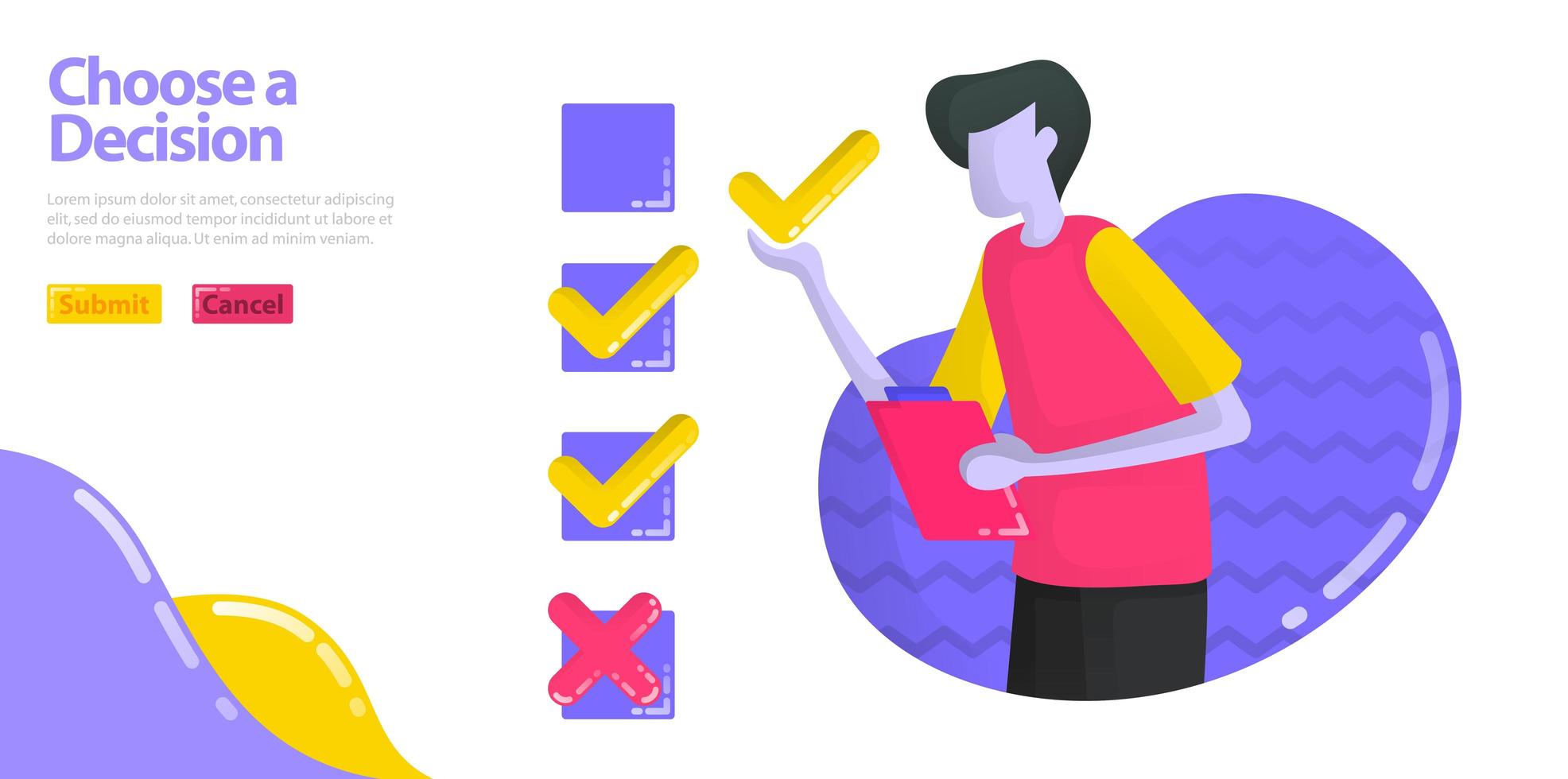 Illustration choose a decision. men are filling out surveys and examinations. Specifies the check or cross option. flat vector concept for Landing page, website, mobile, apps ui, banner, poster, flyer