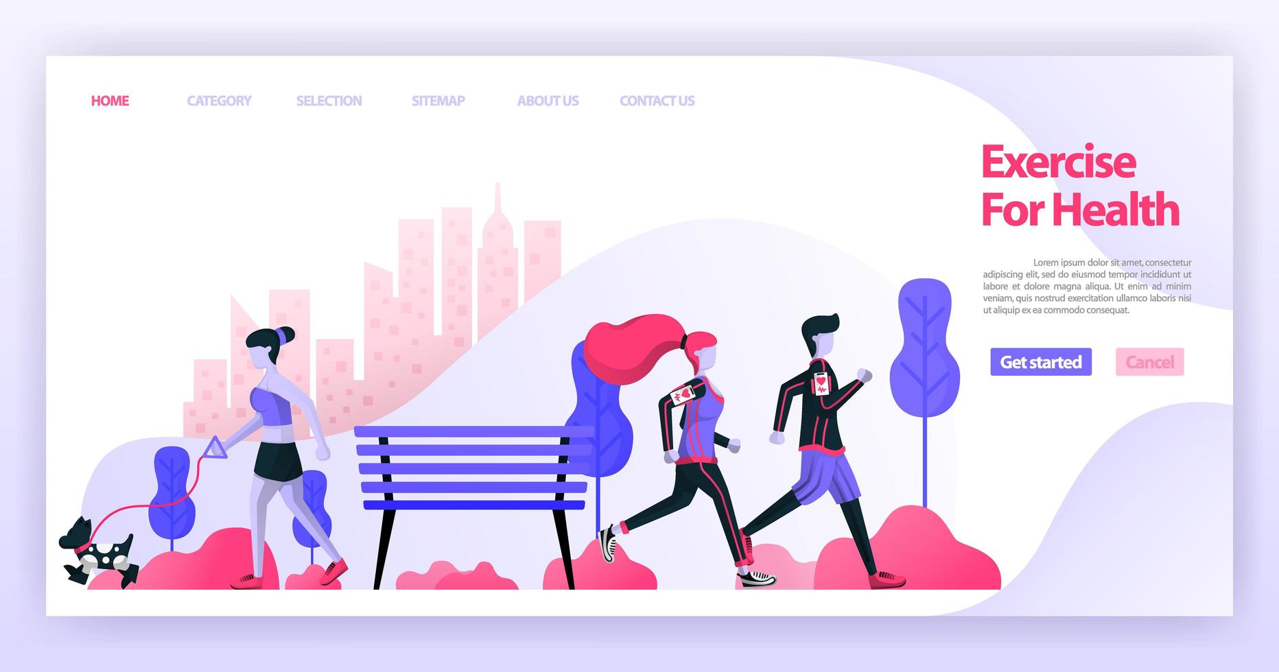 parejas corriendo juntas y mujeres trotando con perros en el parque de la ciudad o el parque central. concepto de ilustración vectorial plana para página de destino, sitio web, web, aplicaciones móviles, ux ui, banner, proster, fondo vector