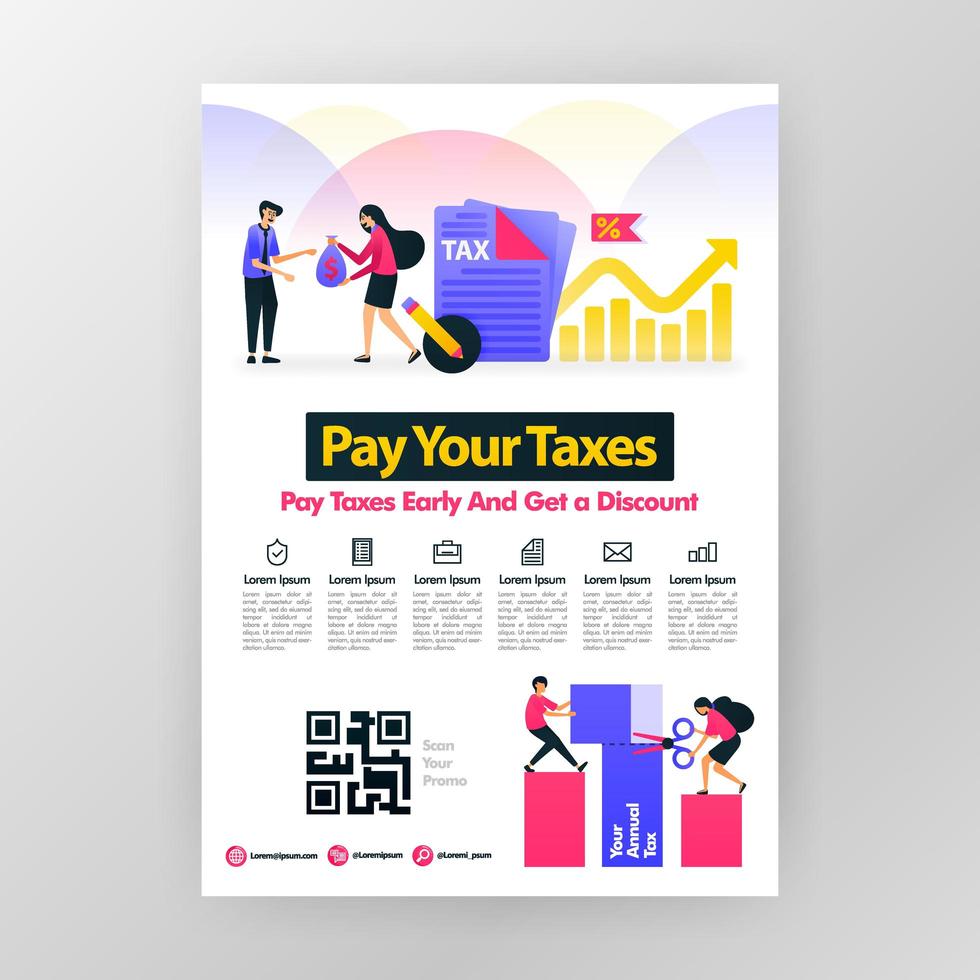 Poster calling for annual tax payment, pay taxes on time and get discounts with vector flat cartoon illustration. flayer business pamphlet brochure magazine cover design layout space for A4 print size