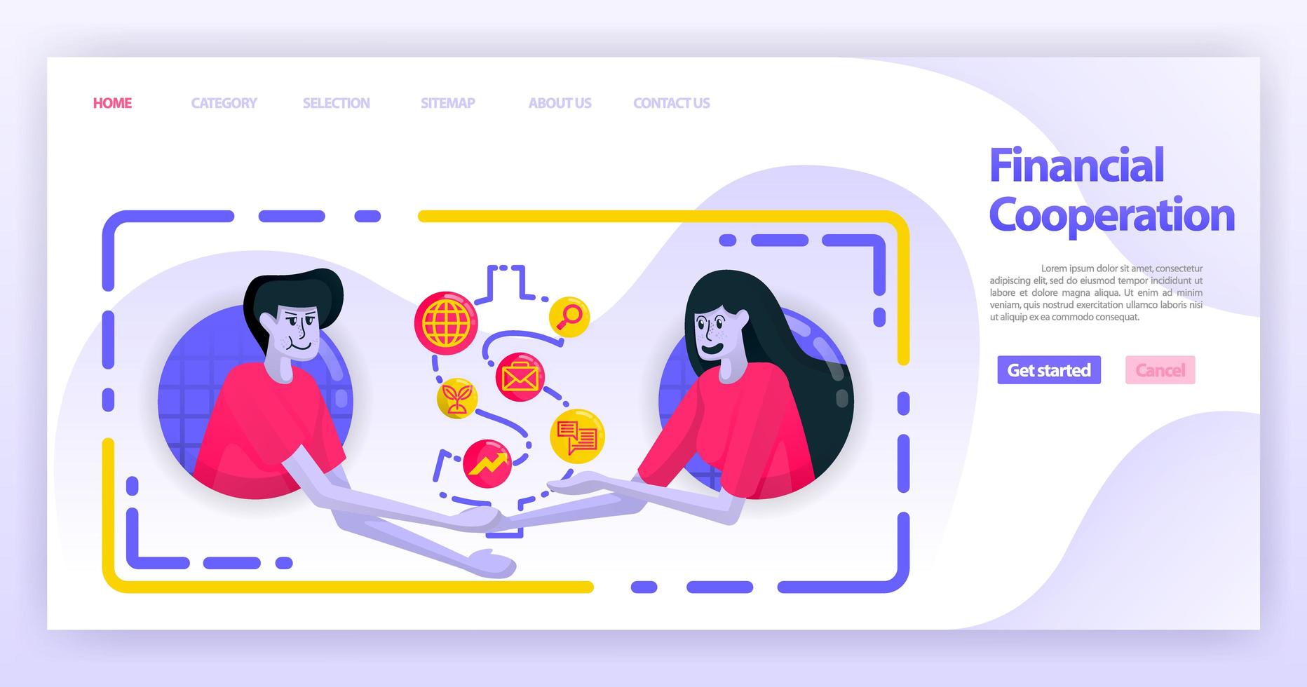 Two people quit money by shaking hands and agreeing in financial cooperation. business agreement. Flat vector illustration concept for Landing page, website, web, mobile apps,ux ui, banner, proster