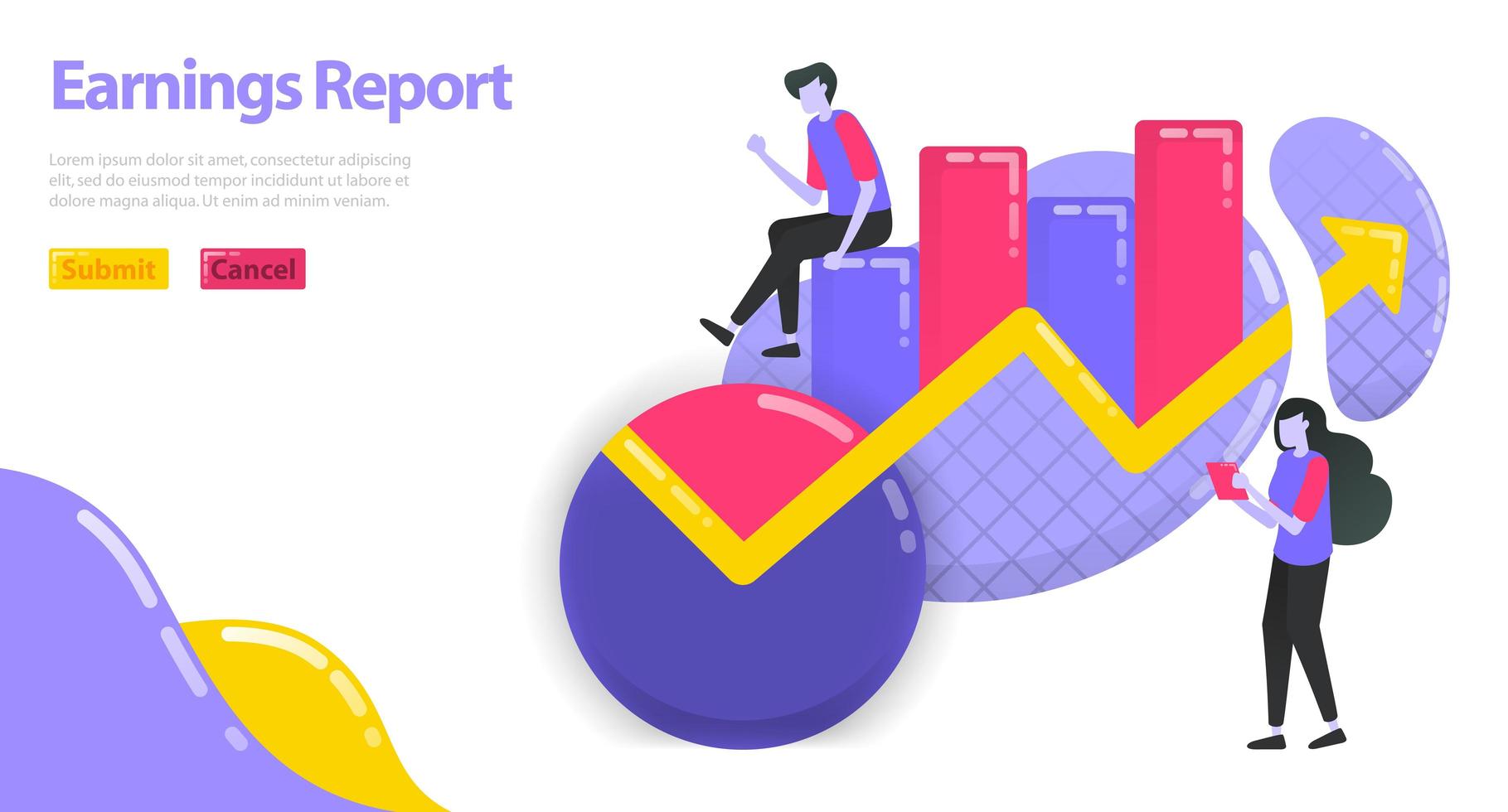 Illustration of earnings report. Increase business and company income. Chart and pie chart for statistics. flat vector concept for Landing page, website, mobile, apps, banner, poster, flyer, brochure