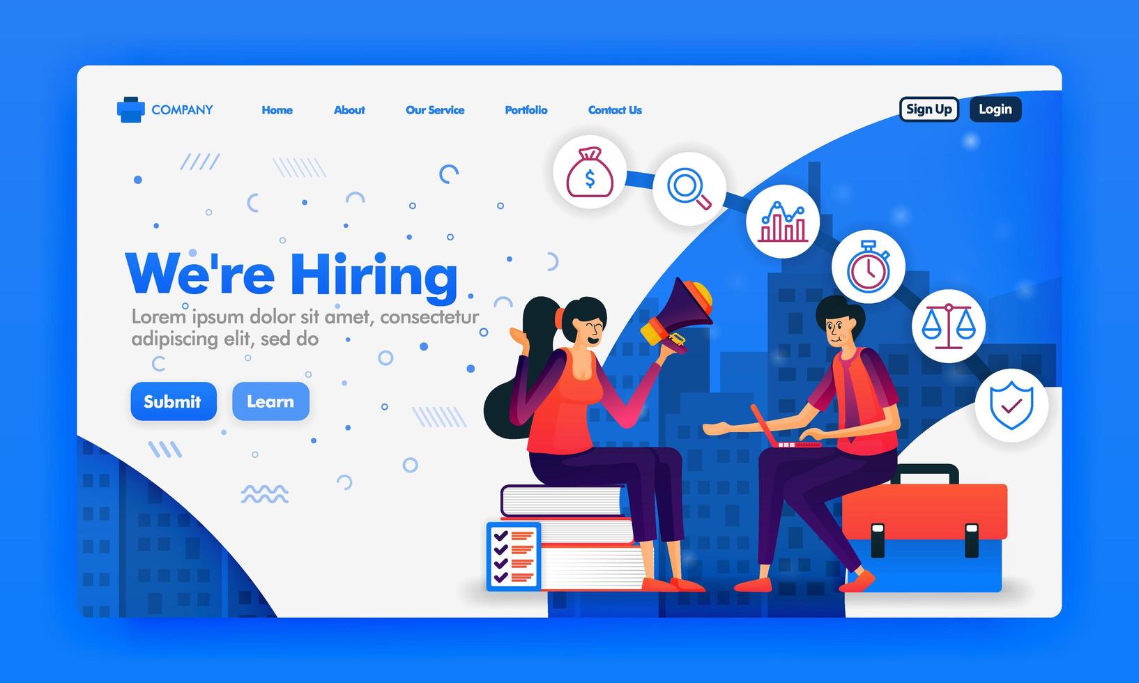 banner o landing page para reclutar empleados o estamos contratando conceptos de diseño. Ilustración de dibujos animados de entrevista para buscadores de empleo. se puede utilizar para la página de destino, sitio web, ui ux, web, aplicación móvil, póster, fondo vector