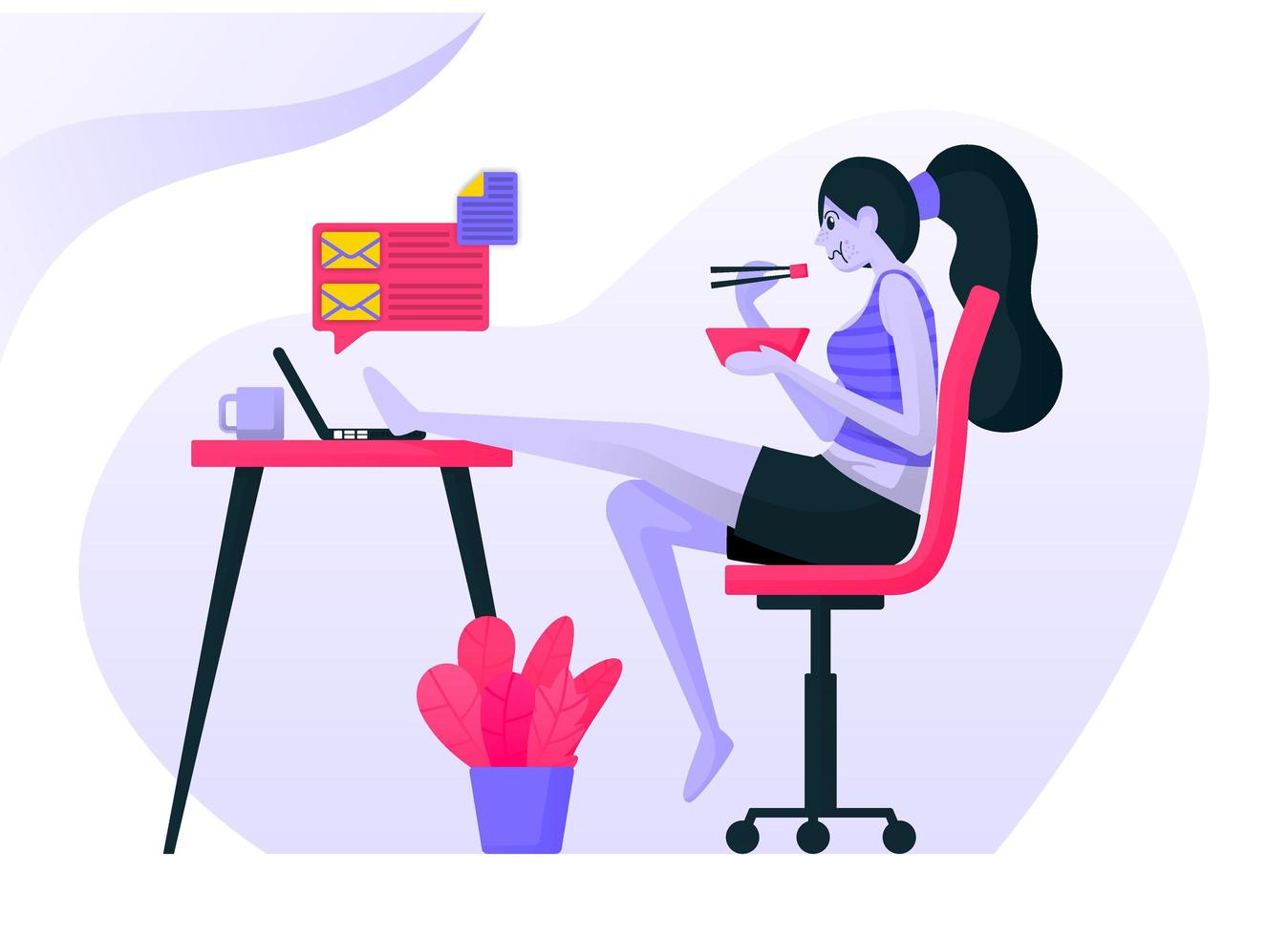 girls work in casual or sexy clothes, lift their legs on the work desk and eat using chopsticks. woman resting for lunch. Flat vector illustration concept for Landing page, website, web, mobile apps