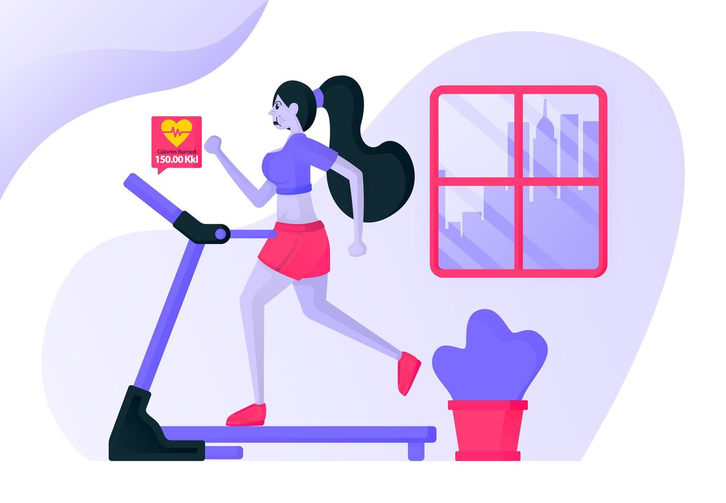 Girls exercise running on a treadmill inside the house wearing sexy sports clothes to burn calories and nourish heartbeat with city views. Flat vector illustration concept for Landing page, website