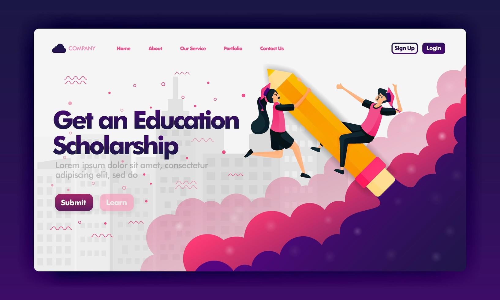 Ads to get educational scholarships with flat cartoon for Landing Page or website. Illustration of a student riding a pencil. Can use for landing page, Website, UI UX, Web, Mobile App, Ads, Promotion vector