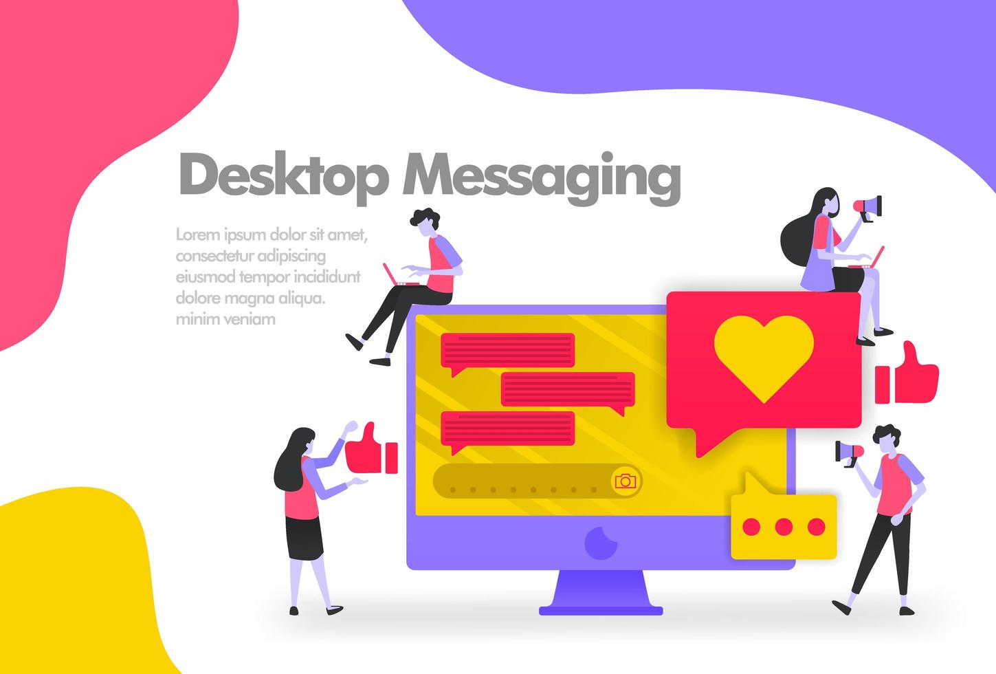 Desktop Messaging Illustration Concept, send and receive messages. Modern flat design concept for Landing page website, mobile apps ui, banner poster, flyer brochure, web print document. Vector EPS 10