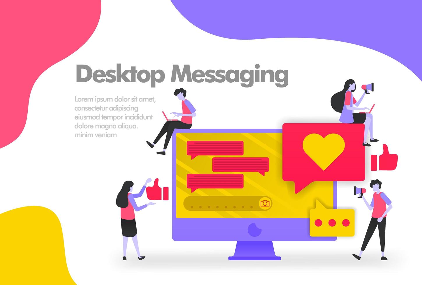 concepto de ilustración de mensajería de escritorio, enviar y recibir mensajes. concepto de diseño plano moderno para sitio web de página de destino, interfaz de usuario de aplicaciones móviles, cartel de banner, folleto de volante, documento de impresión web. vector eps 10