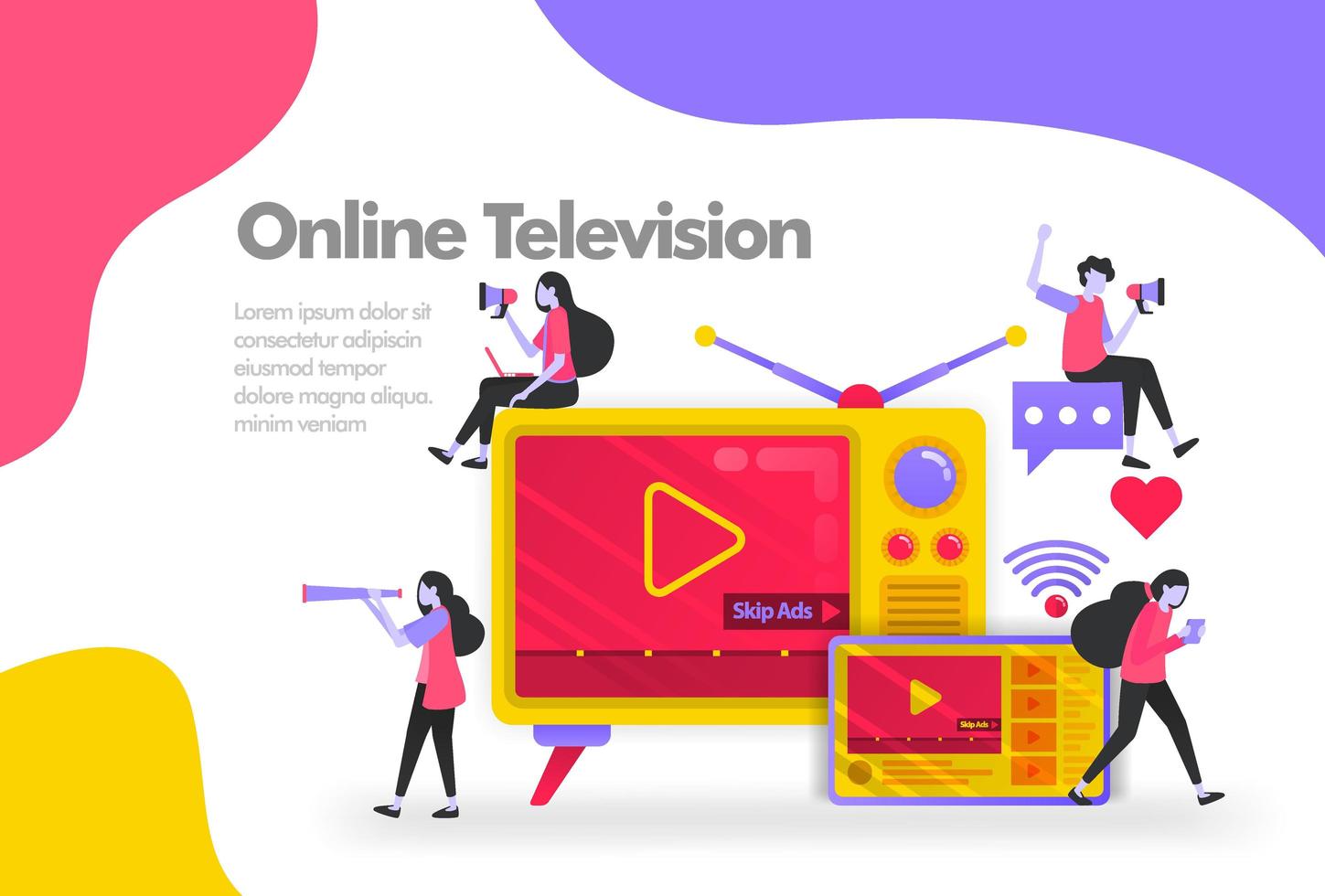 suscribirse al concepto de ilustración de video de televisión de transmisión en línea. concepto de diseño plano moderno para sitio web de página de destino, interfaz de usuario de aplicaciones móviles, cartel de banner, folleto de volante, documento de impresión web. vector eps 10