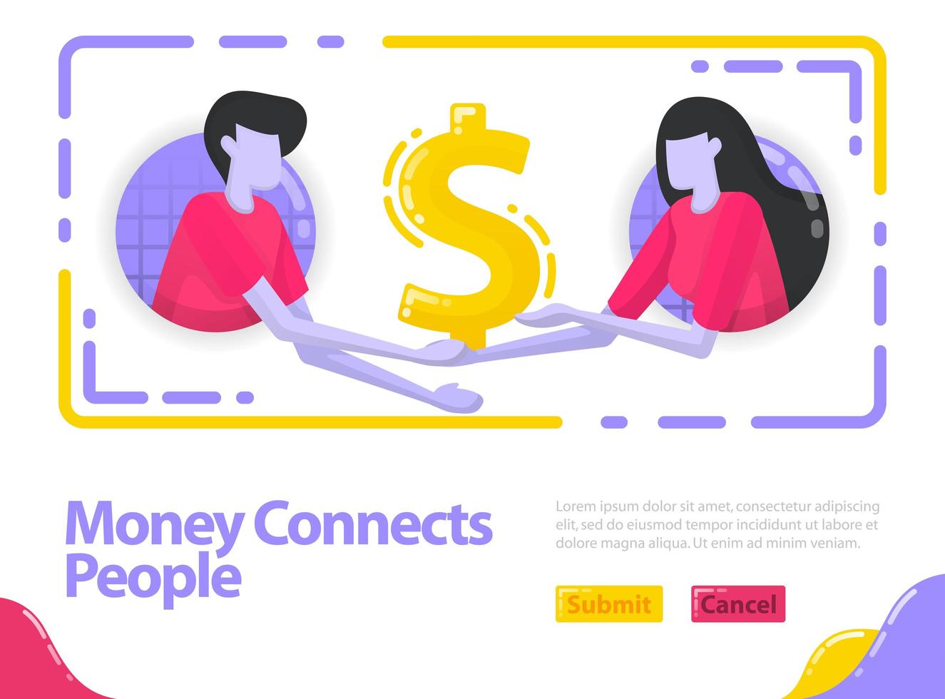 Illustration money connects people. People shake hands and get out money. Cooperation in business and finance. Dollar and investment. Flat vector concept for Landing page, website, mobile, apps ui, ux