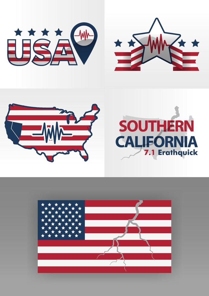 logotipo del terremoto del sur de california 7.1 en la escala de richter. Logotipo de la bandera de Estados Unidos con grietas. 4 logotipos que ilustran desastres con estrellas, logotipos de líneas y gráficos sísmicos. desastres en américa vector