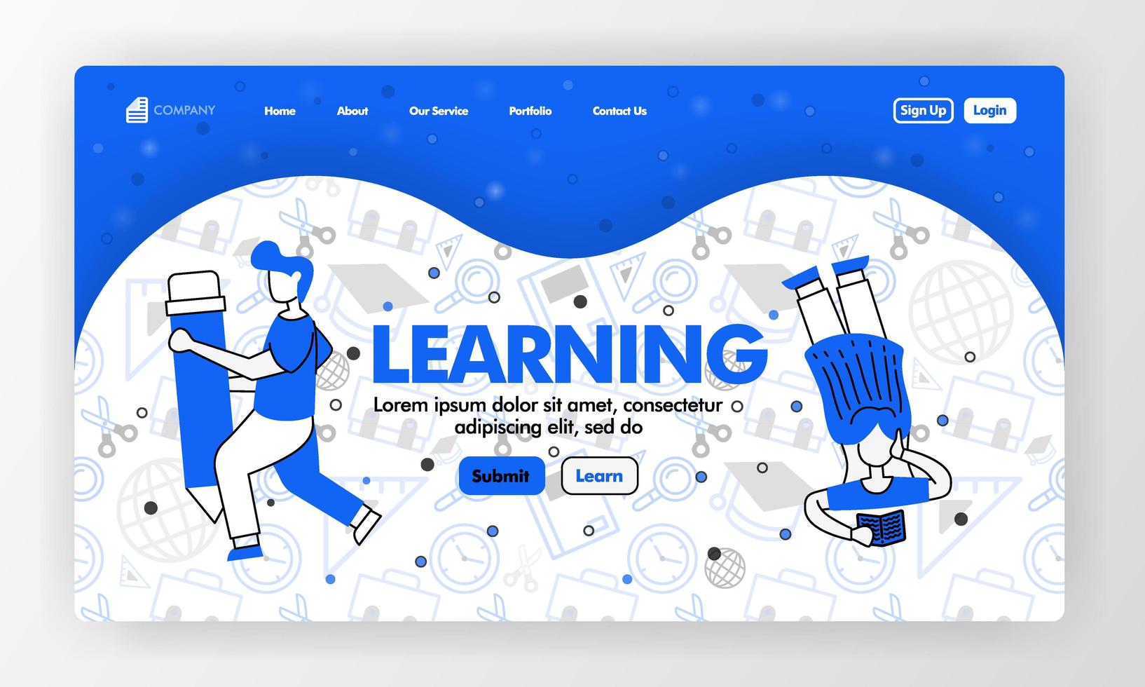 Landing page for learning and education in line style and cartoon flat illustration. Girl read and holding pencil with stationary background pattern. Can for Website, UI UX, Web, Mobile App, Poster vector