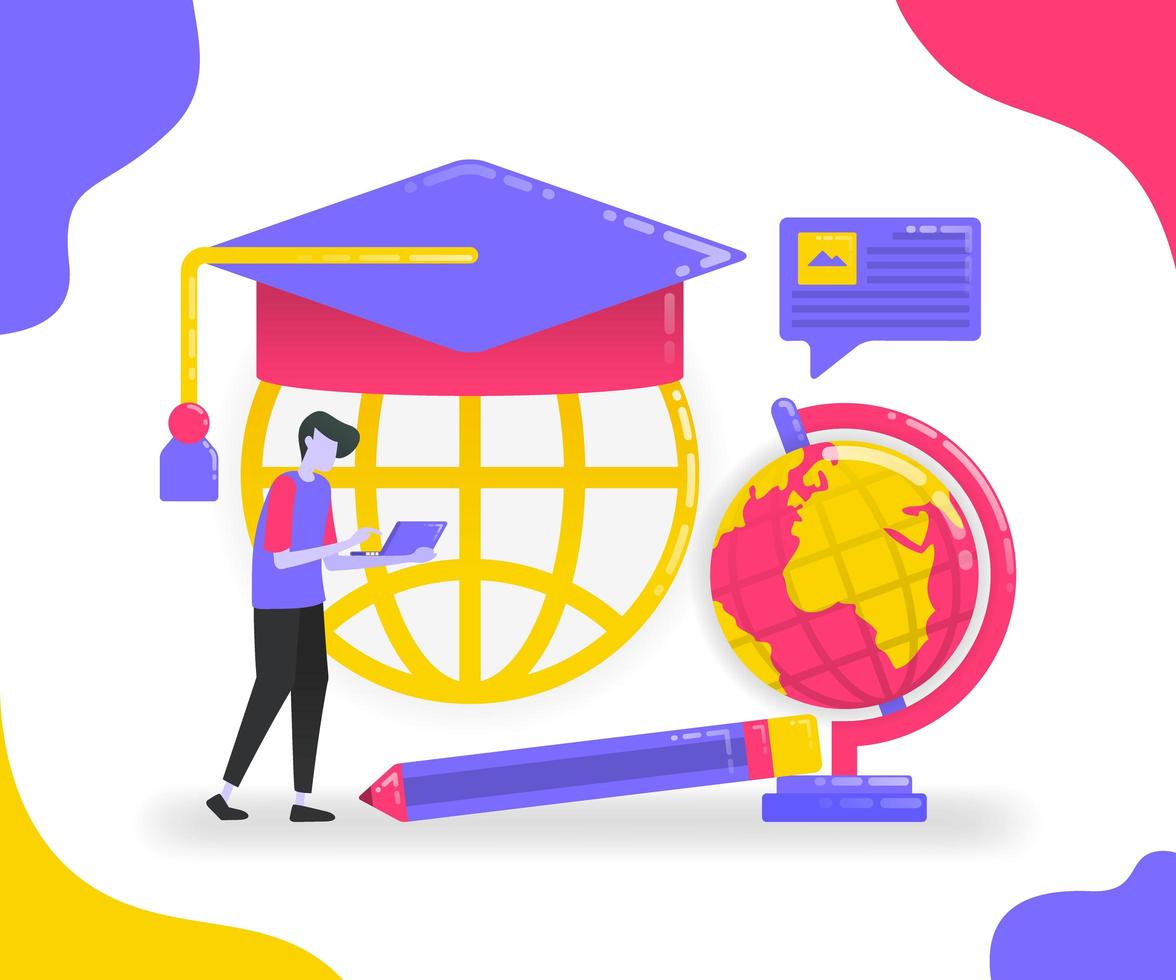 Ilustración de educación e intercambio de estudiantes. aprender de varios lugares. aprendizaje online y universidad para estudiar. concepto de vector plano para página de destino, sitio web, móvil, aplicaciones ui, ux, banner, cartel