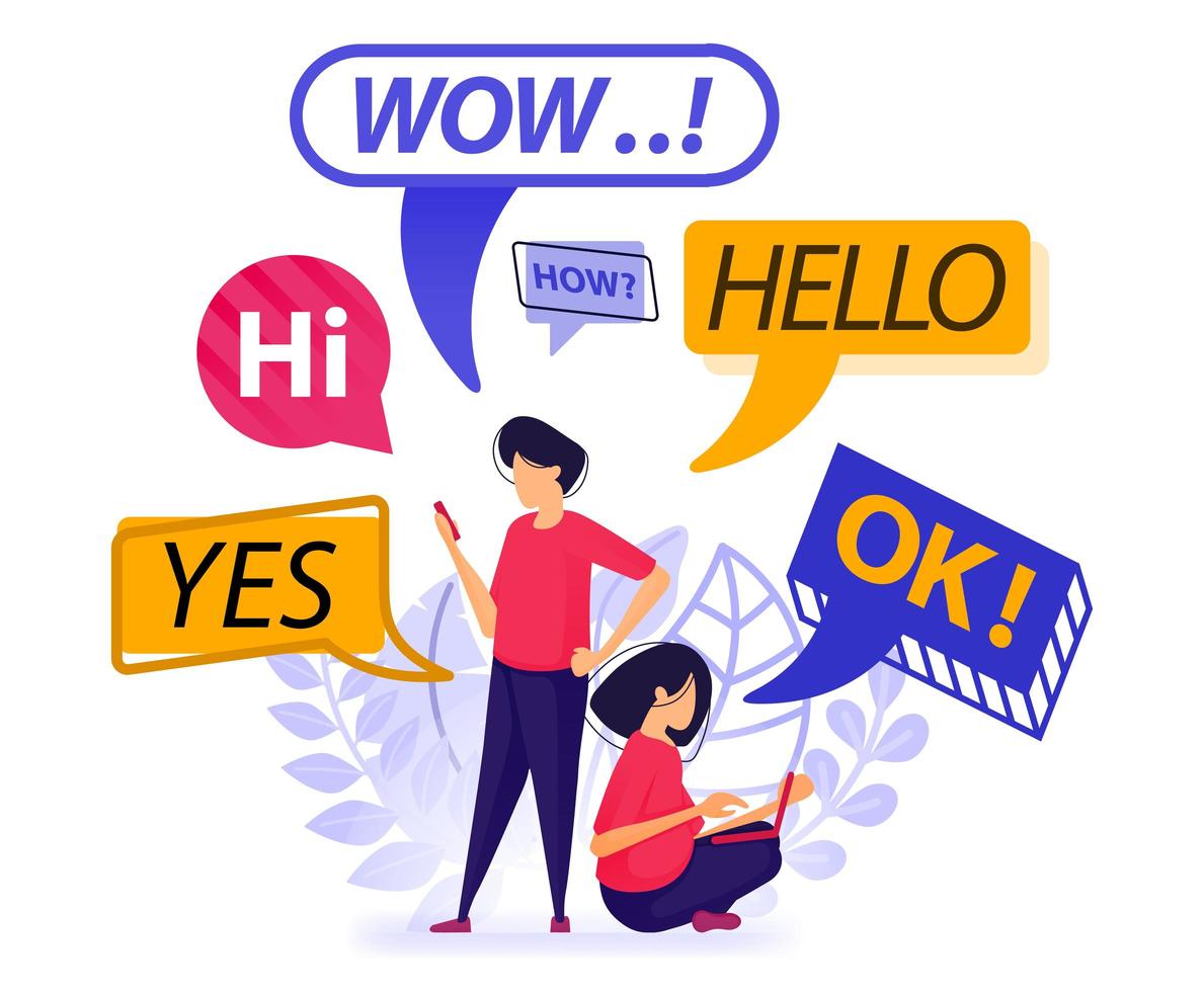 People greet each other and chatting. bubble, balloon and chat box with words that can be used everyday or first chat. Vector Illustration For Web, Landing Page, Banner, Mobile Apps, Card, Book