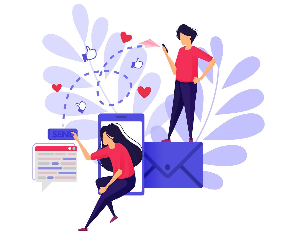 Send Messages and Email. Girl Send Like And Love With a Mobile Phone. Smartphone Social Media Apps. Character Concept Vector Illustration For Web Landing Page, Banner, Mobile Apps, Book Illustration