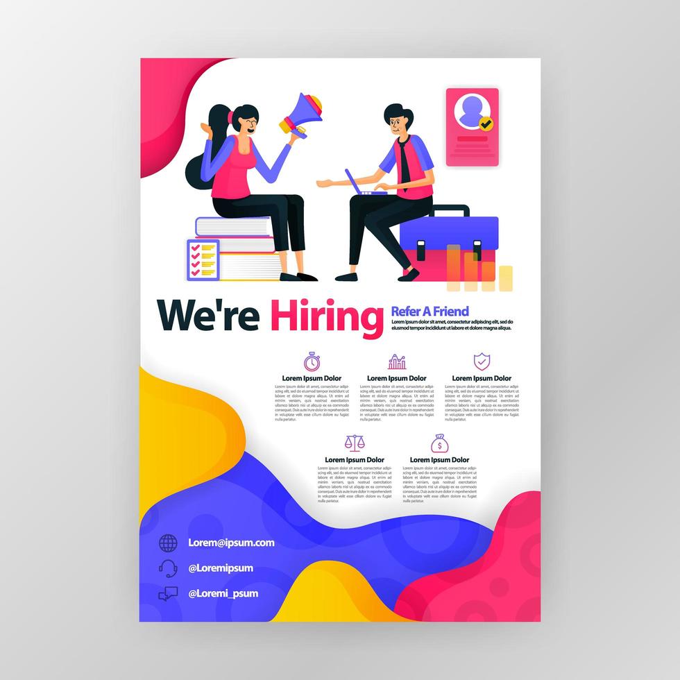 We're hiring employees business poster with flat cartoon illustration. Job interview flyer pamphlet brochure magazine cover design layout space for promotion marketing, vector print template A4 size