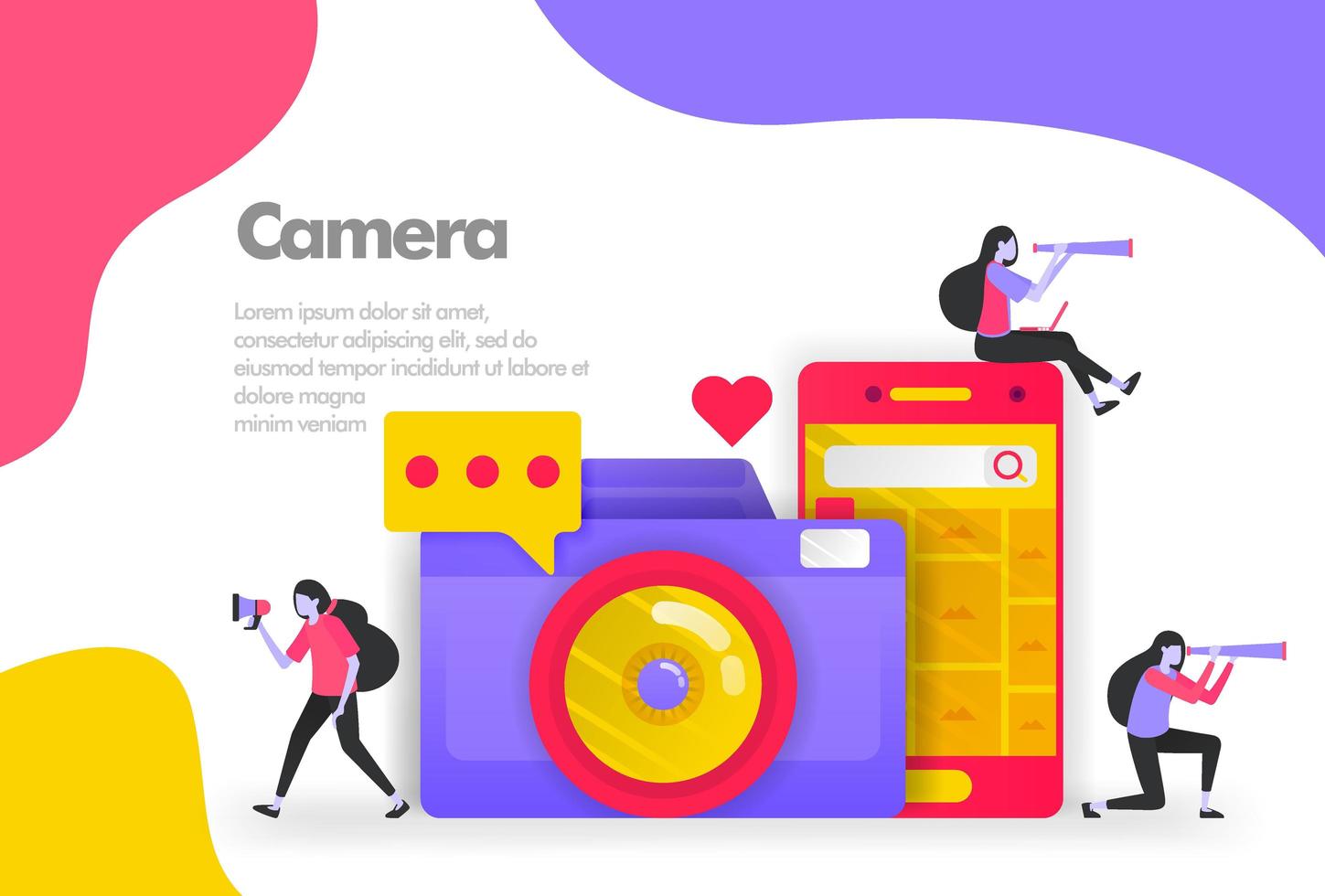 Camera Photography and Sharing Images Illustration Concept. Modern flat design concept for Landing page website, mobile apps ui ux, banner poster, flyer brochure, web print document ads. Vector EPS 10