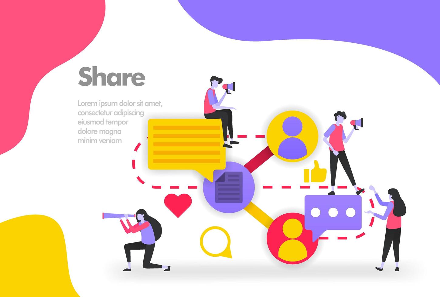 Share Illustration Concept, Sharing work files and documents. Modern flat design concept for Landing page website, mobile apps ui ux, banner poster, flyer brochure, web print document. Vector EPS 10