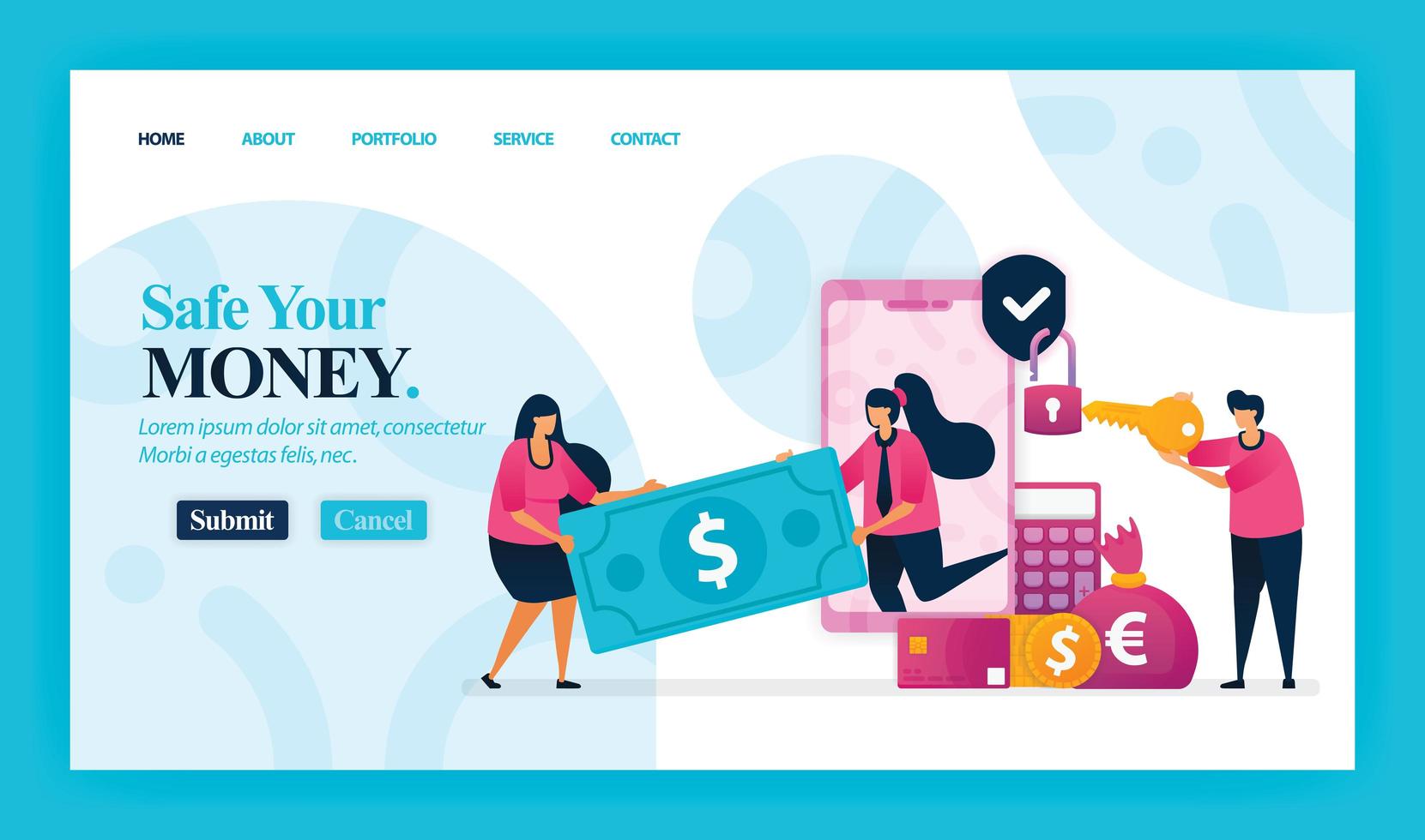 Landing page vector design of Safe Your Money. Easy to edit and customize. Modern flat design concept of web page, website, homepage, mobile apps, UI. character cartoon Illustration flat style.