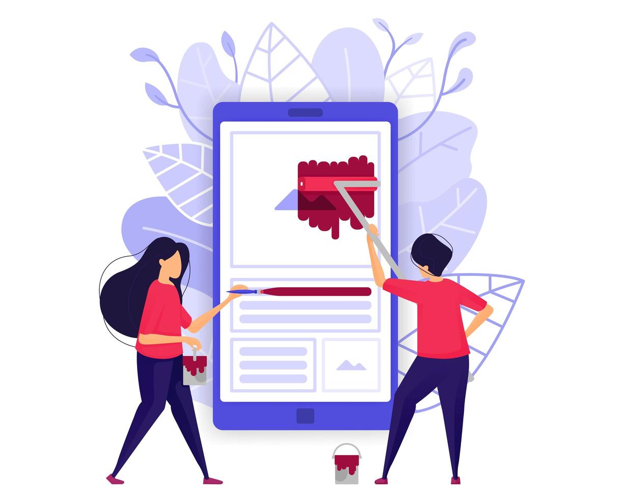 Mobile Apps Development. People Designing And Painting Smartphone Applications. Character Concept Vector Illustration For Web Landing Page, Banner, Mobile Apps, Card, Book Illustration
