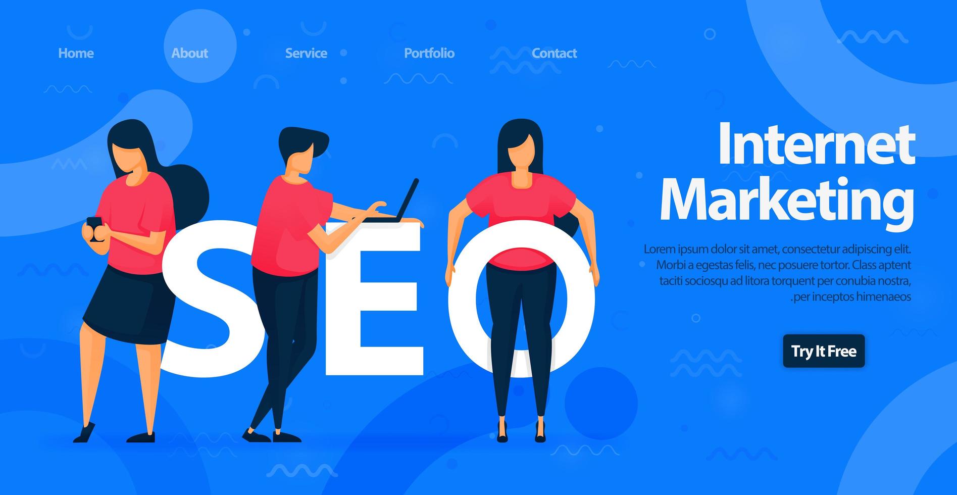 SEO for internet marketing landing page template design. Optimize website to get better traffic and find better keyword for your content. Vector Illustration For Web, Landing Page, Banner, Mobile Apps