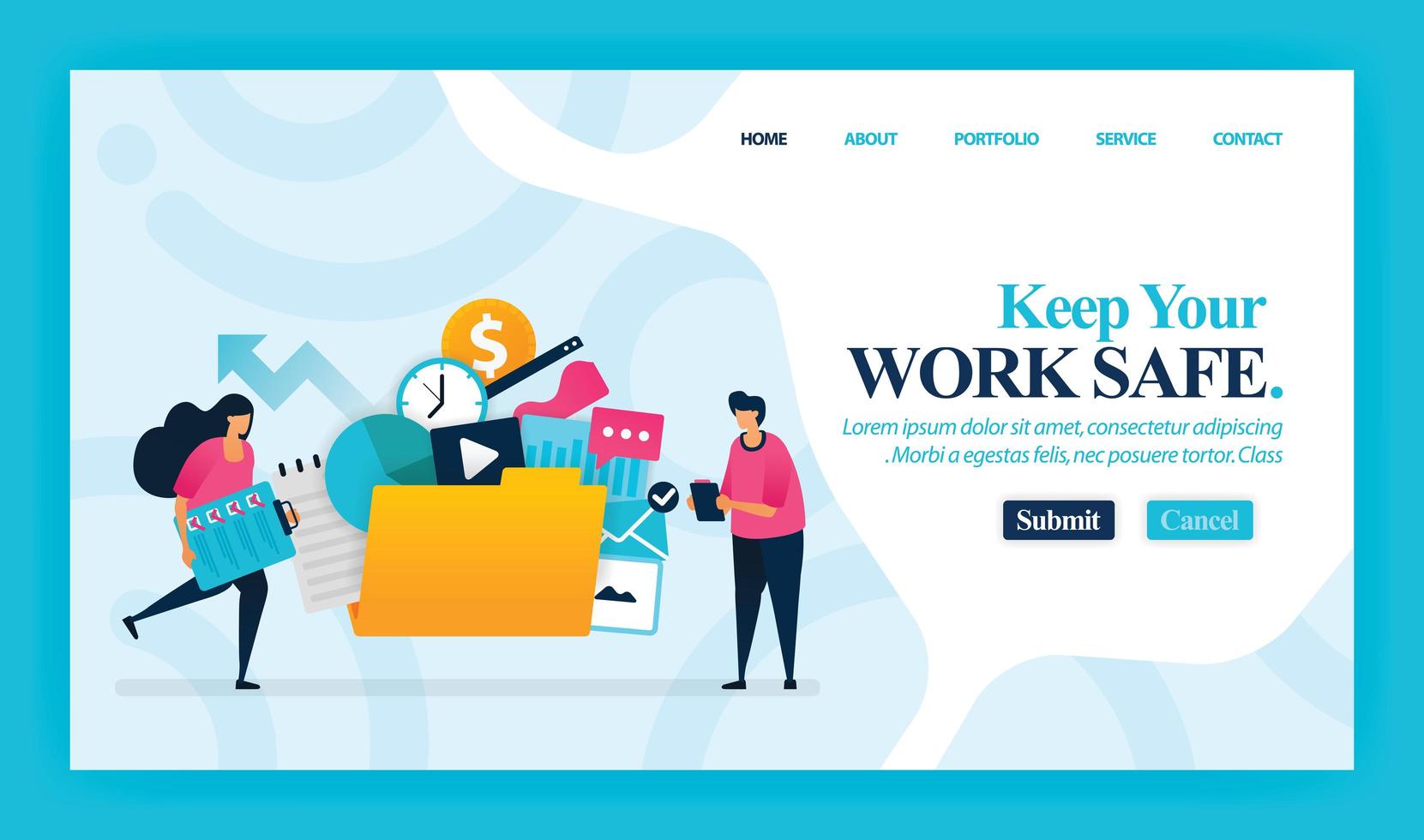 Landing page vector design of Keep Your Work Safe. Easy to edit and customize. Modern flat design concept of web page, website, homepage, mobile apps, UI. character cartoon Illustration flat style.