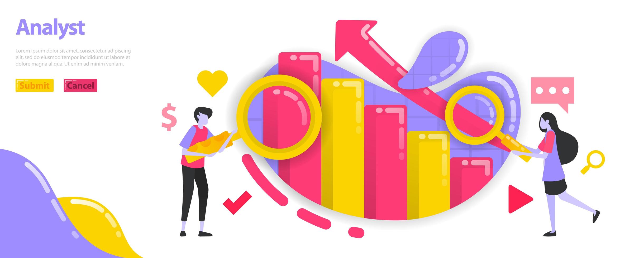 Analytical and graphic illustration. Charts that rise and increase with arrows for analysis. People are analyzing graphs and charts for businesses. Flat vector concept for Landing page, website, apps