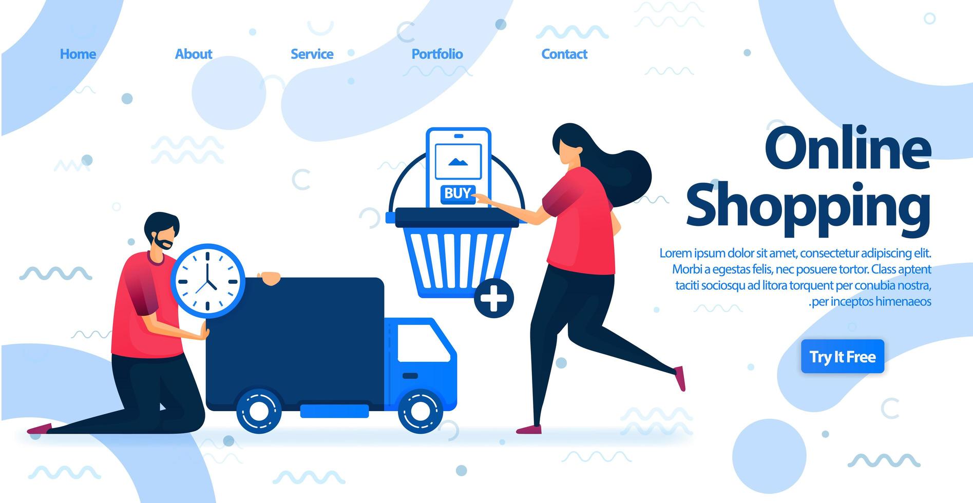 Online shopping or e-commerce landing page. Shop with mobile apps and get free and fast shipping with logistic service in our store. Vector Illustration For Web, Landing Page, Banner, Mobile Apps