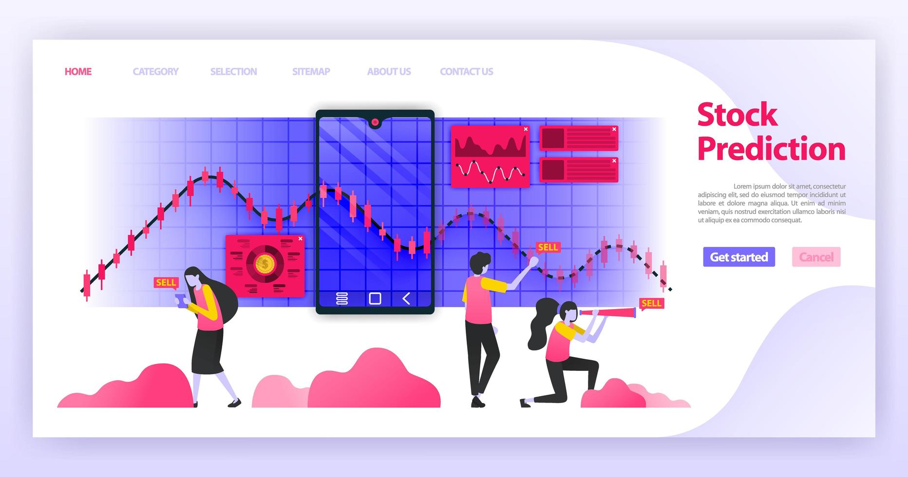 Predict stock prices and read related news to determine investment choices and financial decisions on the currency market with mobile apps. Flat vector illustration concept for Landing page, website