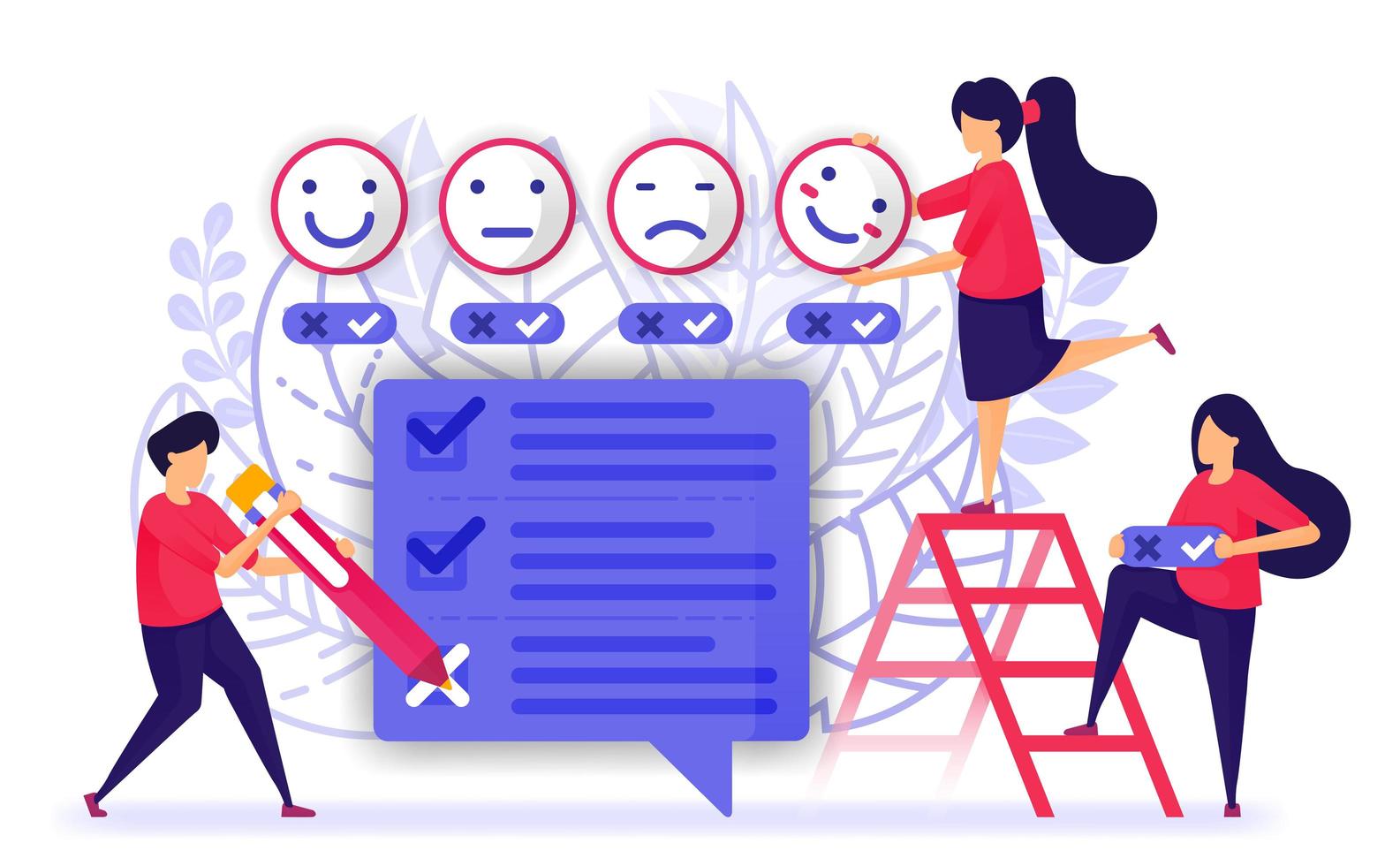 las personas revisan y completan cuestionarios, encuestas o exámenes de servicio o producto. proporcionar comentarios con emoticonos de la experiencia del cliente. ilustración vectorial para web, página de destino, banner, móvil vector