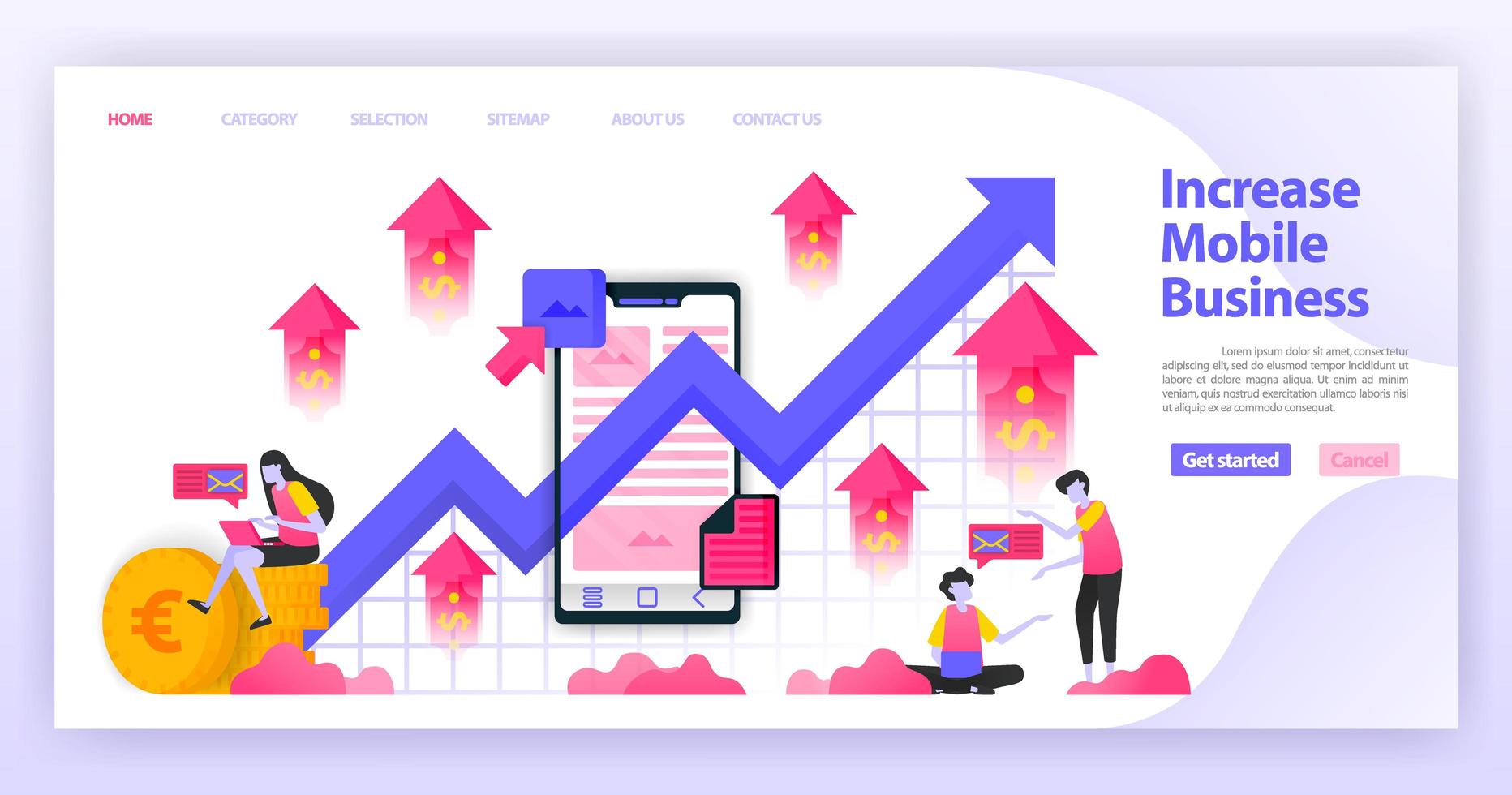 leer y aumentar las ventas de teléfonos inteligentes y las ganancias por ventas. leer datos financieros y diagramas comerciales. concepto de ilustración vectorial plana para página de destino, sitio web, web, aplicaciones móviles, ux ui, banner, fondo vector