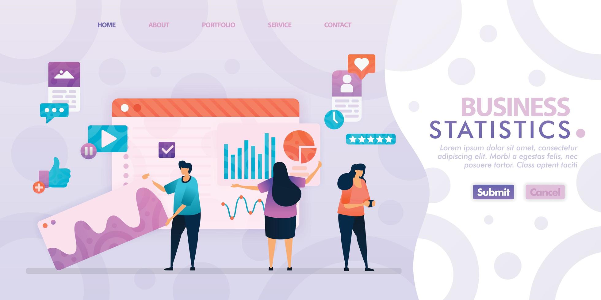 Landing page design of Business Statistics with flat Illustration cartoon character. Business data visualization of layout diagram, banner, web design,  web page, website, homepage, mobile apps, UI. vector