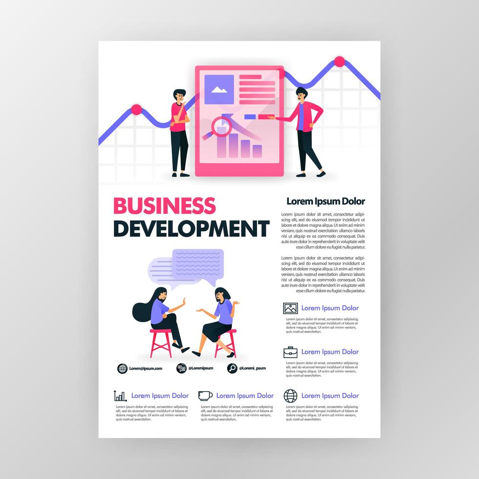 Business development poster with flat cartoon illustration. flayer business pamphlet brochure magazine cover design layout space for announcement, promotion and marketing, vector print template in A4