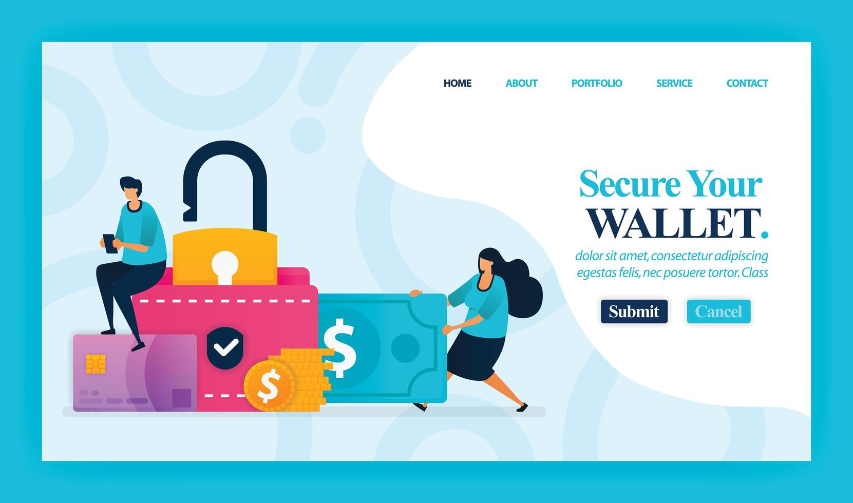 Landing page vector design of Secure Your Wallet. Easy to edit and customize. Modern flat design concept of web page, website, homepage, mobile apps, UI. character cartoon Illustration flat style.