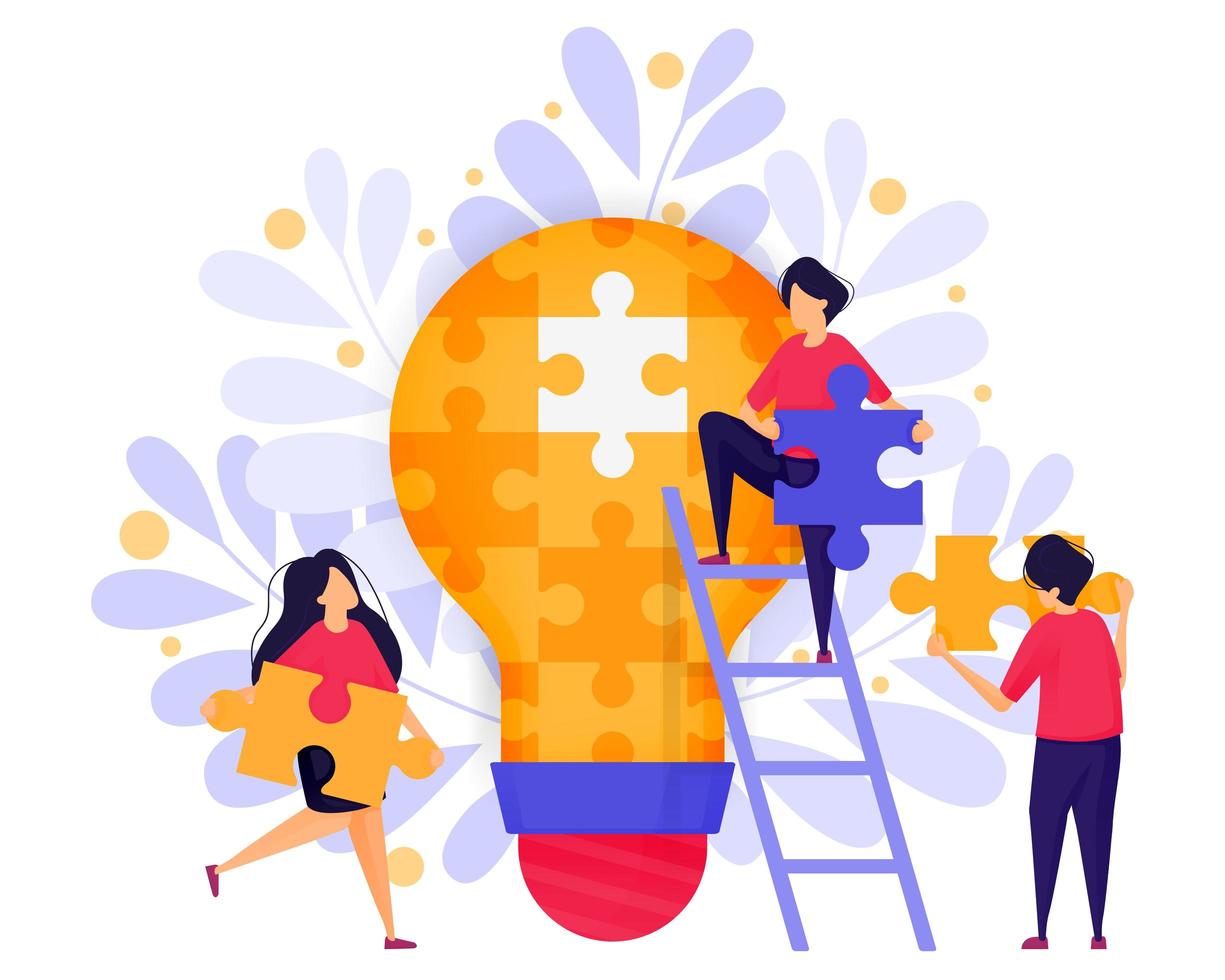 Team Work In Business. People Cooperate Solve Puzzles to Find Ideas and Solutions in Building a Startup Business . Character Concept Vector Illustration For Web Landing Page, Banner, Mobile Apps