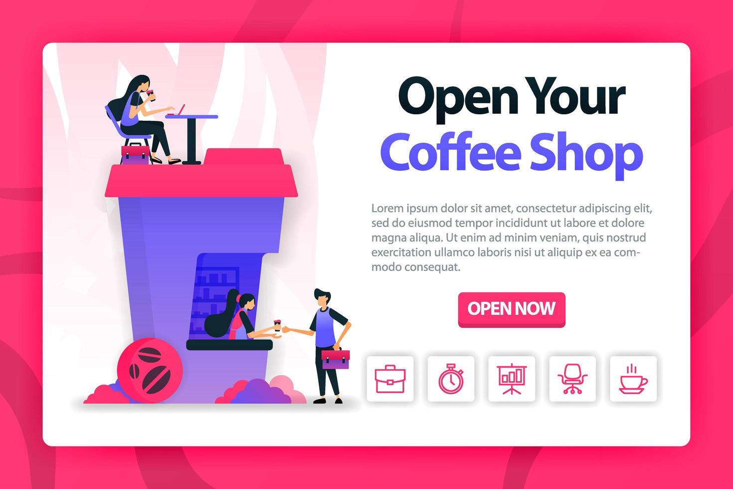 vector ilustración plana sobre la apertura de una cafetería con un solo clic. Pide café a un barista y trabaja en el edificio que tiene forma de taza de café. se puede utilizar para la página de destino, sitio web, web, página de inicio, móvil