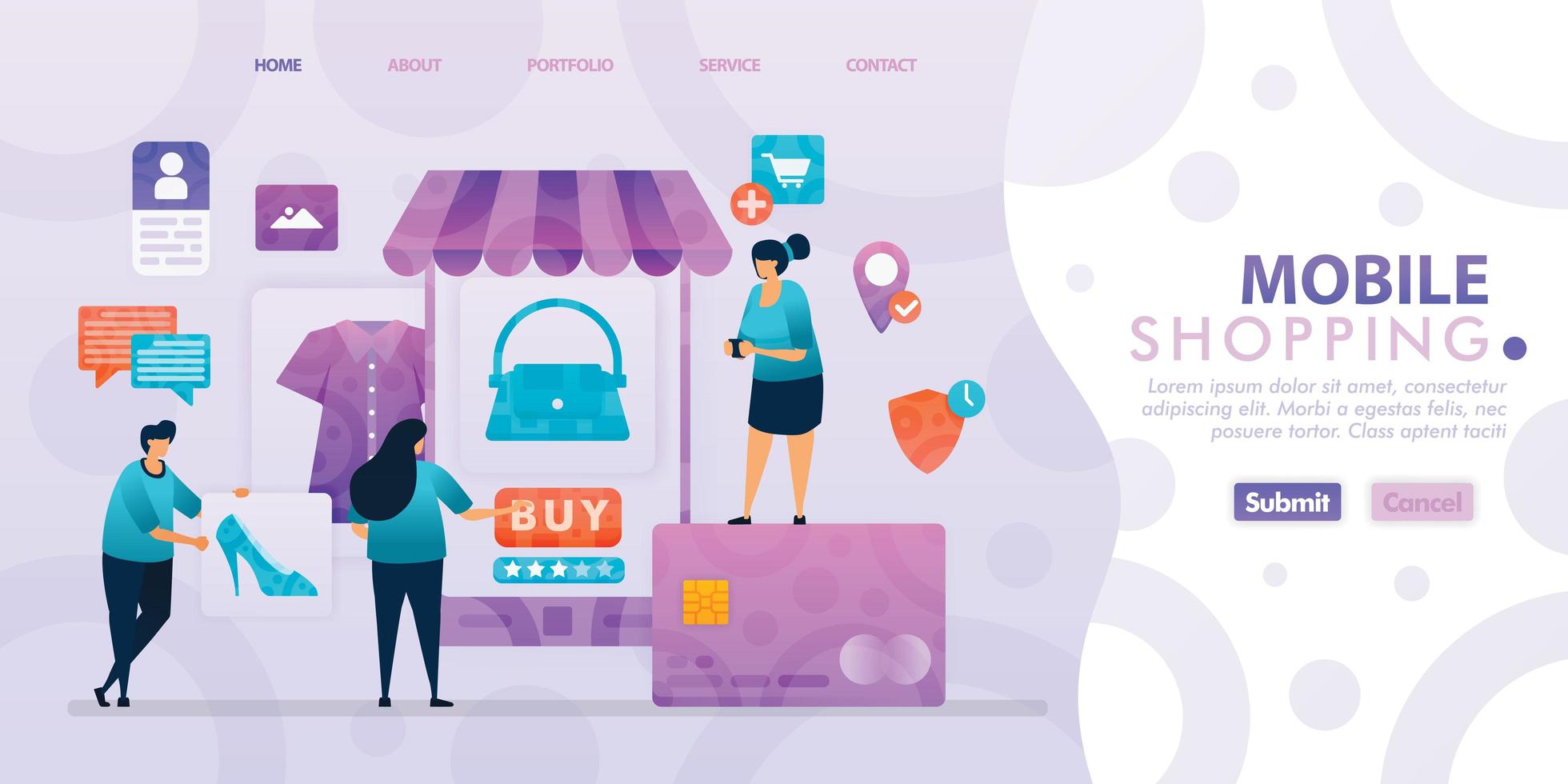 Diseño de página de destino de compras móviles con personaje de dibujos animados de ilustración plana. visualización de datos comerciales de diagrama de diseño, banner, diseño web, página web, sitio web, página de inicio, aplicaciones móviles, ui. vector